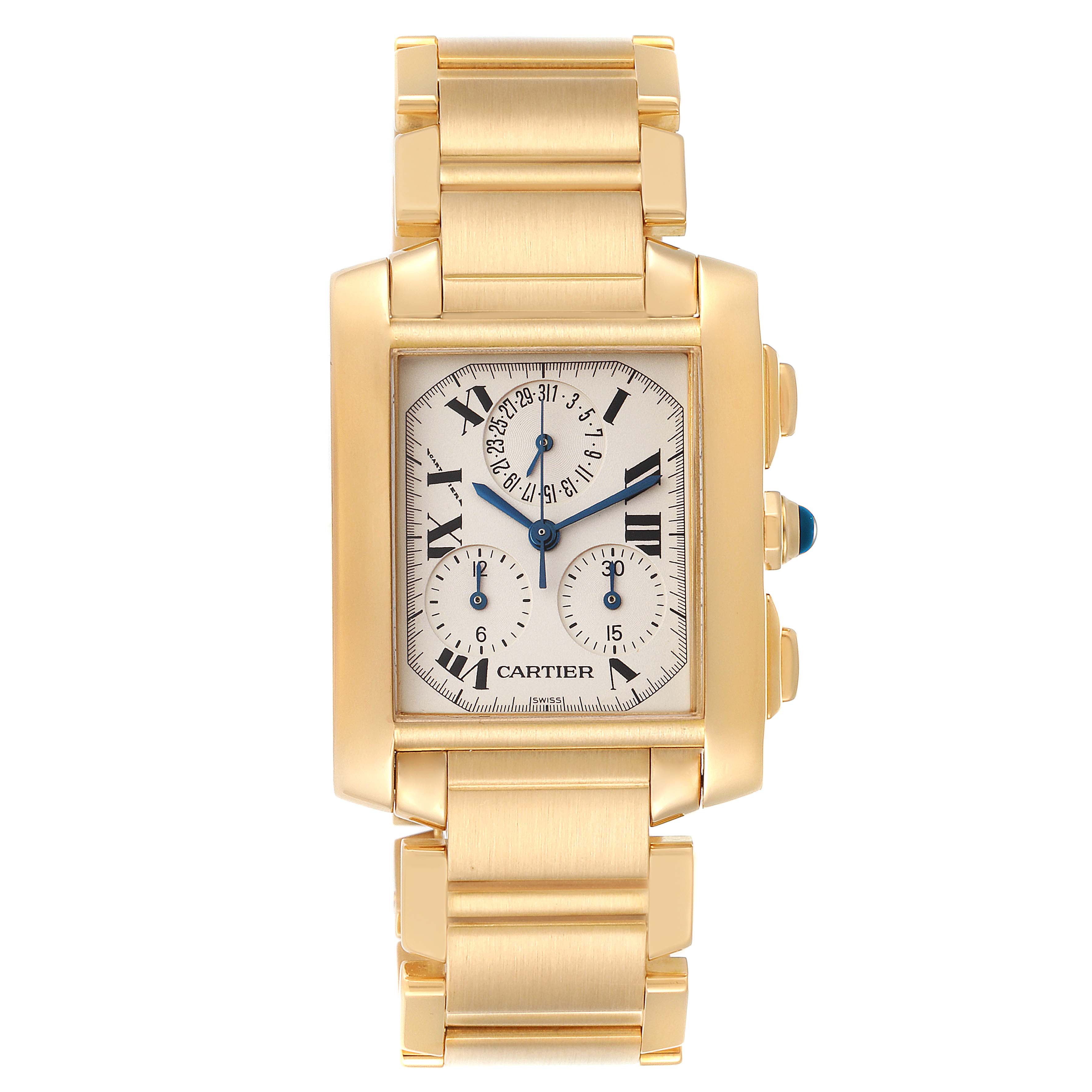 The image shows the Cartier Tank Francaise W50005R2 Men's Yellow Gold Silver Dial W50005R2 Men's Yellow Gold Silver Dial watch from a front angle, displaying its gold case, dial, and bracelet.