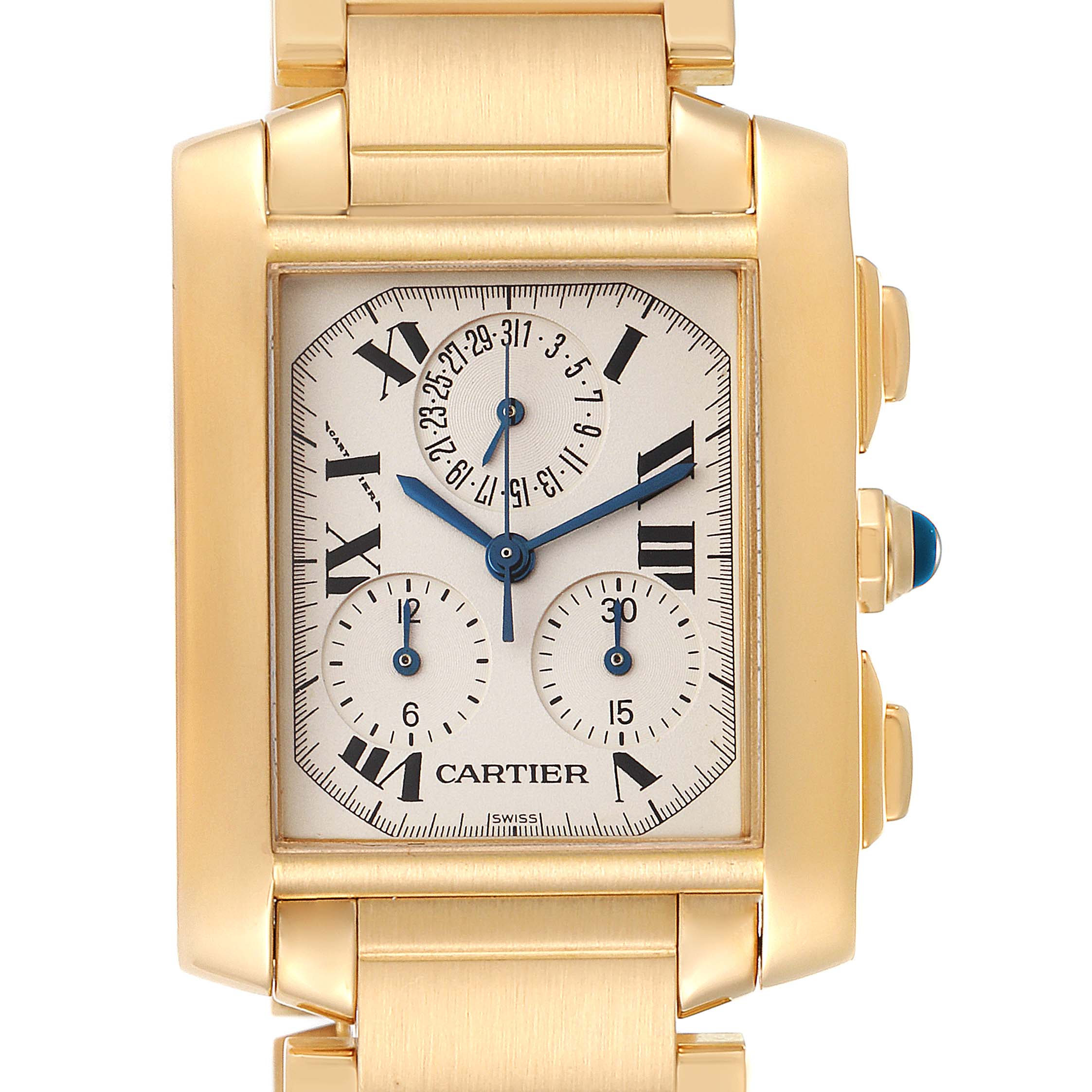 The image shows a front view of a Cartier Tank Francaise W50005R2 Men's Yellow Gold Silver Dial W50005R2 Men's Yellow Gold Silver Dial watch, highlighting its dial and gold case.