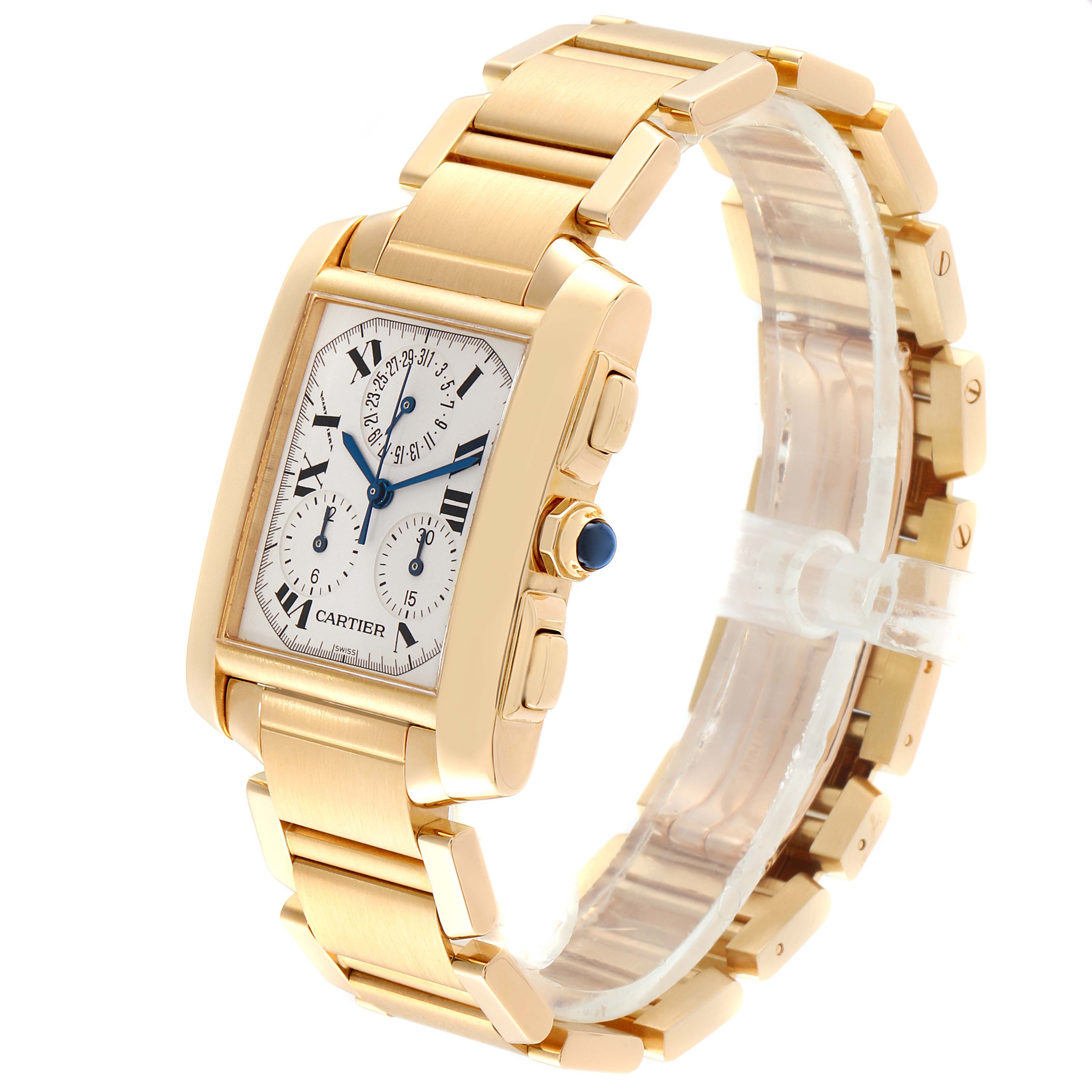 The image shows a Cartier Tank Francaise W50005R2 Men's Yellow Gold Silver Dial W50005R2 Men's Yellow Gold Silver Dial model watch, highlighting its gold bracelet, rectangular dial, and sapphire crown from an angled side view.