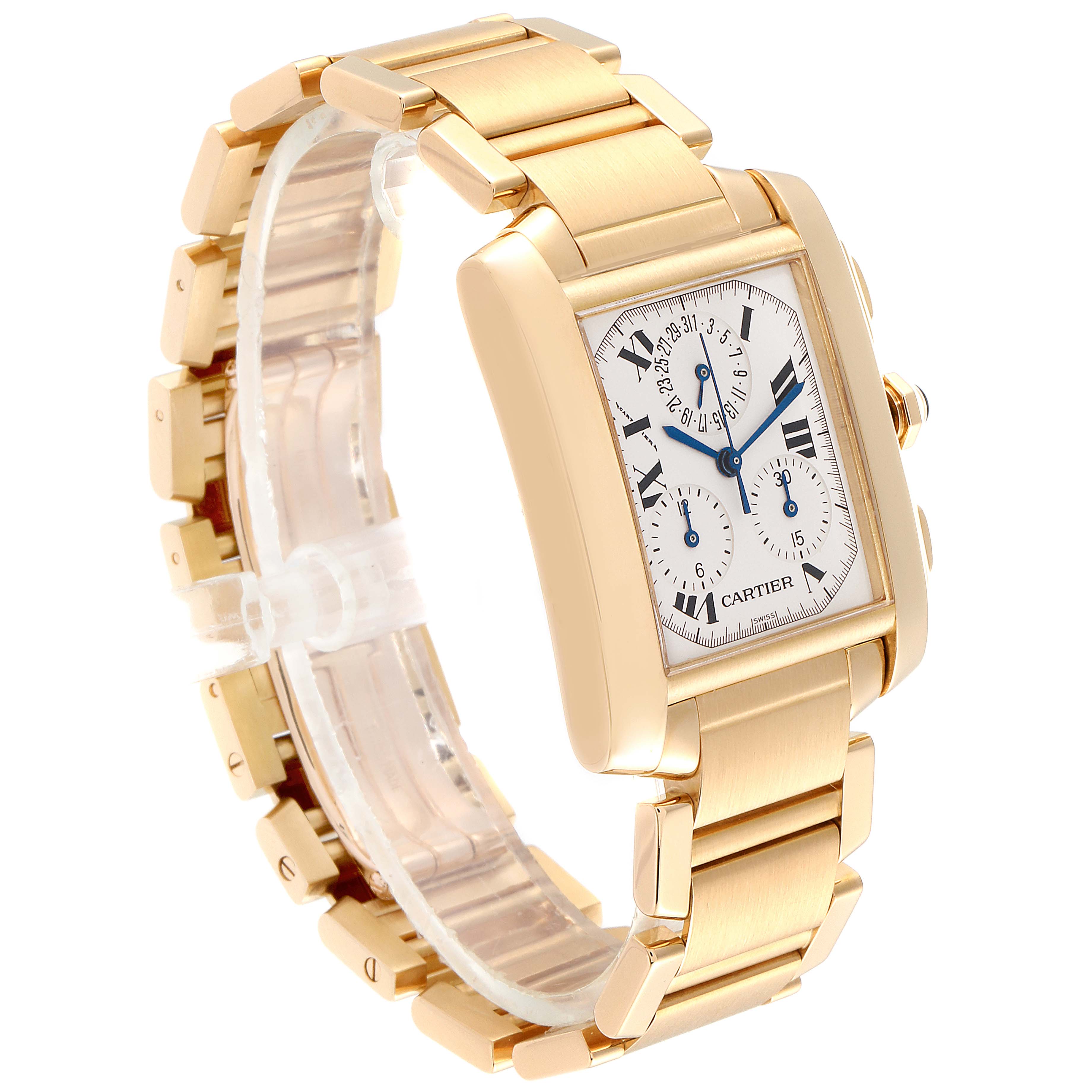 This image shows a Cartier Tank Francaise W50005R2 Men's Yellow Gold Silver Dial W50005R2 Men's Yellow Gold Silver Dial watch at a three-quarter angle, displaying the face, bezel, and bracelet.