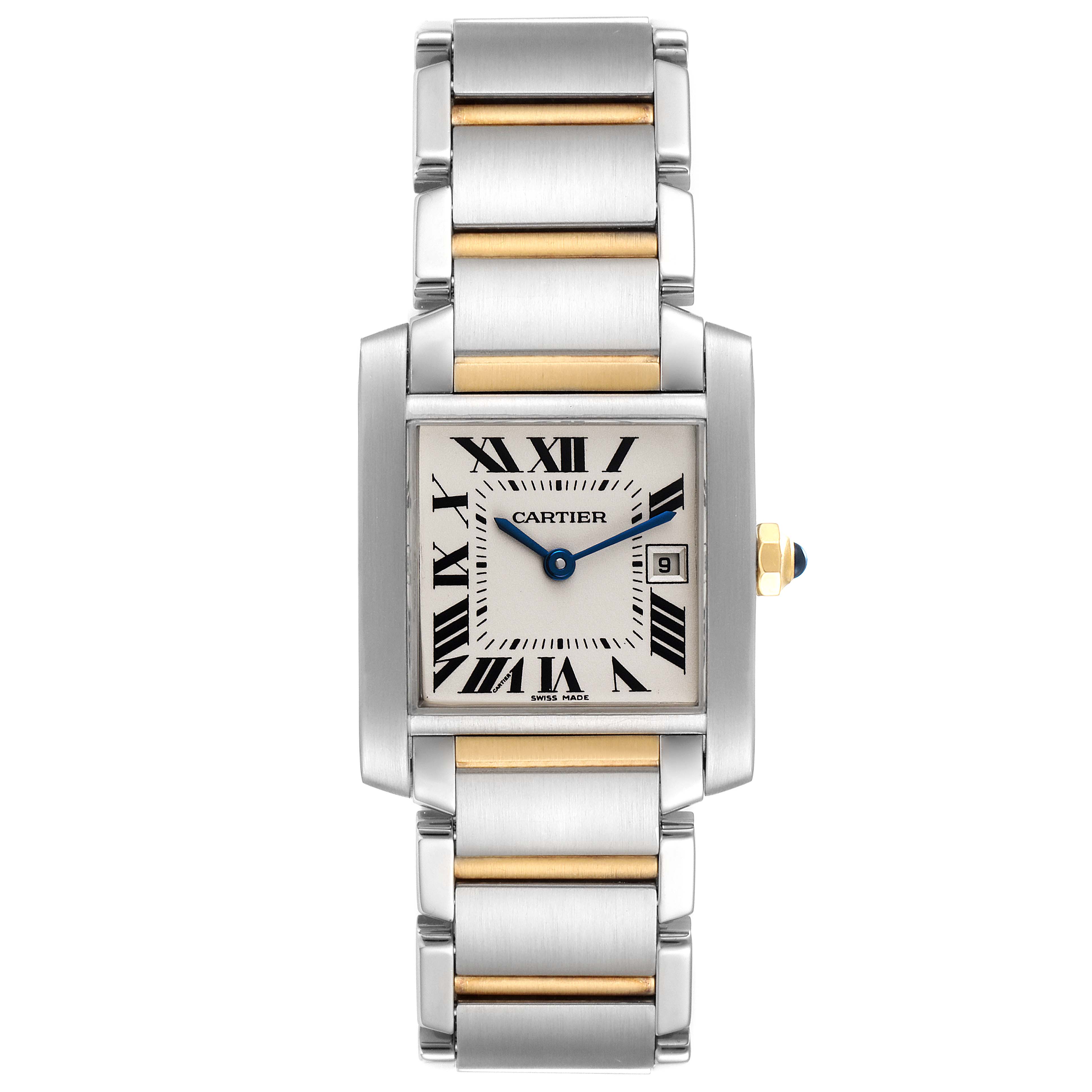 The image shows a frontal view of the Cartier Tank Francaise W51012Q4 Women's Steel and Gold (two tone) Silver Dial W51012Q4 Women's Steel and Gold (two tone) Silver Dial watch, highlighting its rectangular face, metallic bracelet, and iconic design.