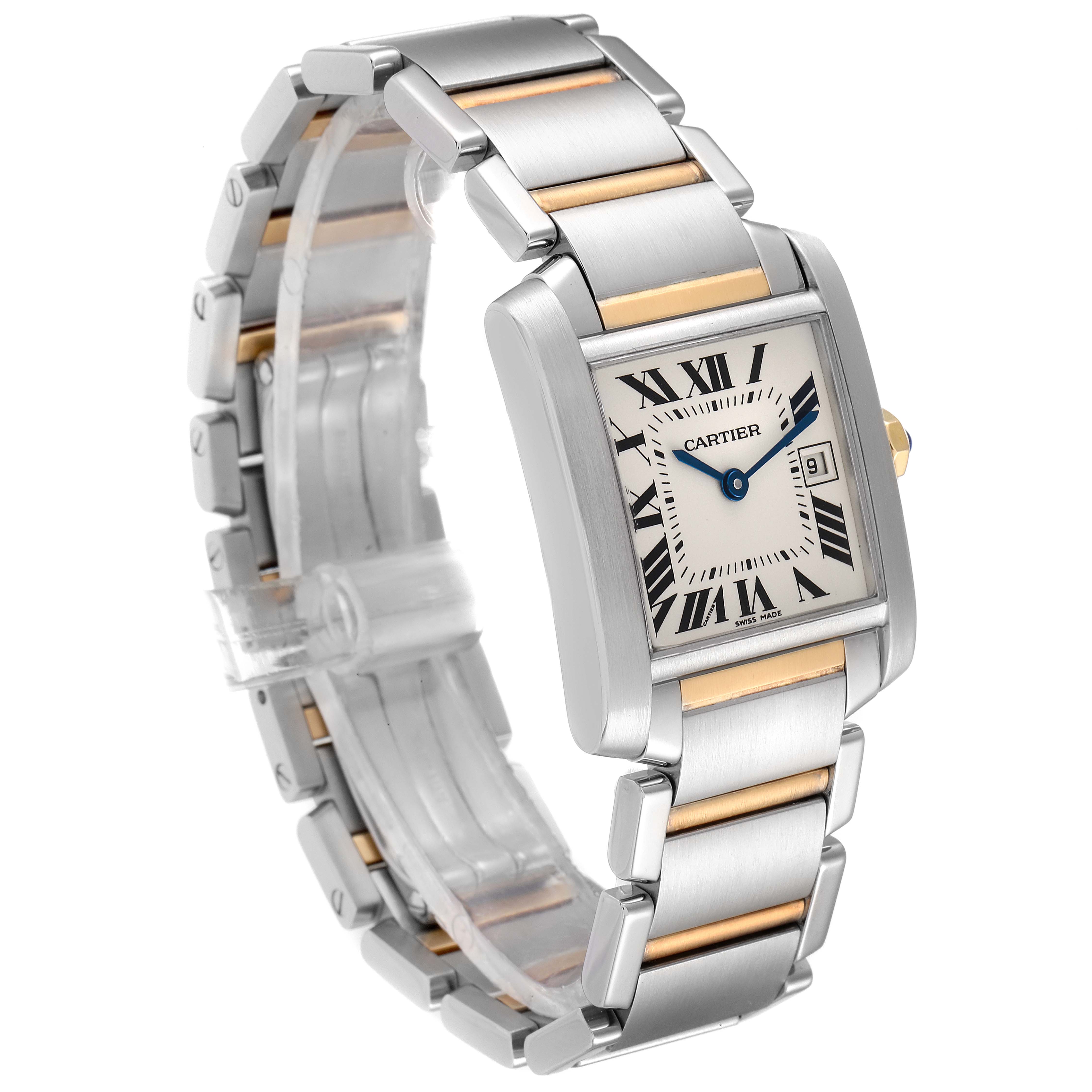 The Cartier Tank Francaise W51012Q4 Women's Steel and Gold (two tone) Silver Dial W51012Q4 Women's Steel and Gold (two tone) Silver Dial watch is shown at a three-quarter angle, displaying its bracelet, face, and case.