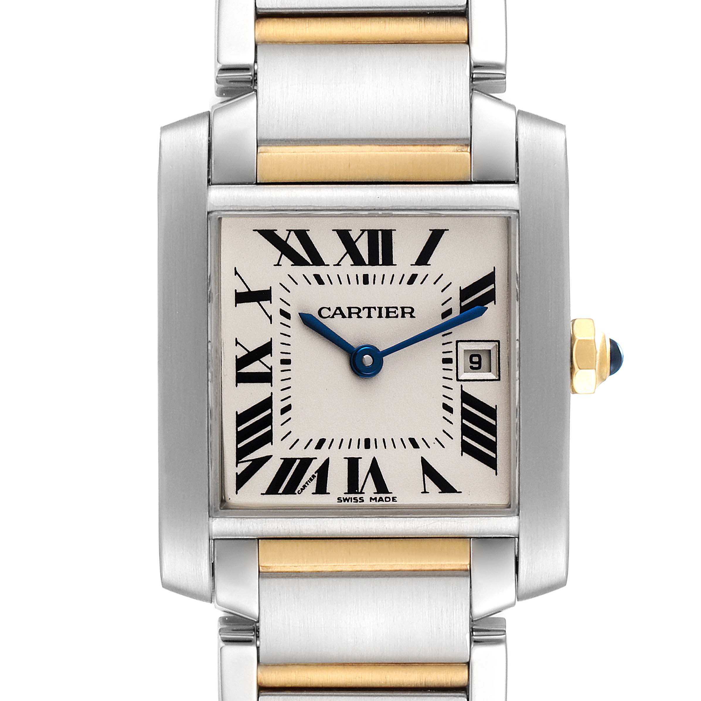 This image shows a front view of the Cartier Tank Francaise W51012Q4 Women's Steel and Gold (two tone) Silver Dial W51012Q4 Women's Steel and Gold (two tone) Silver Dial watch, highlighting its face, bracelet, and crown.