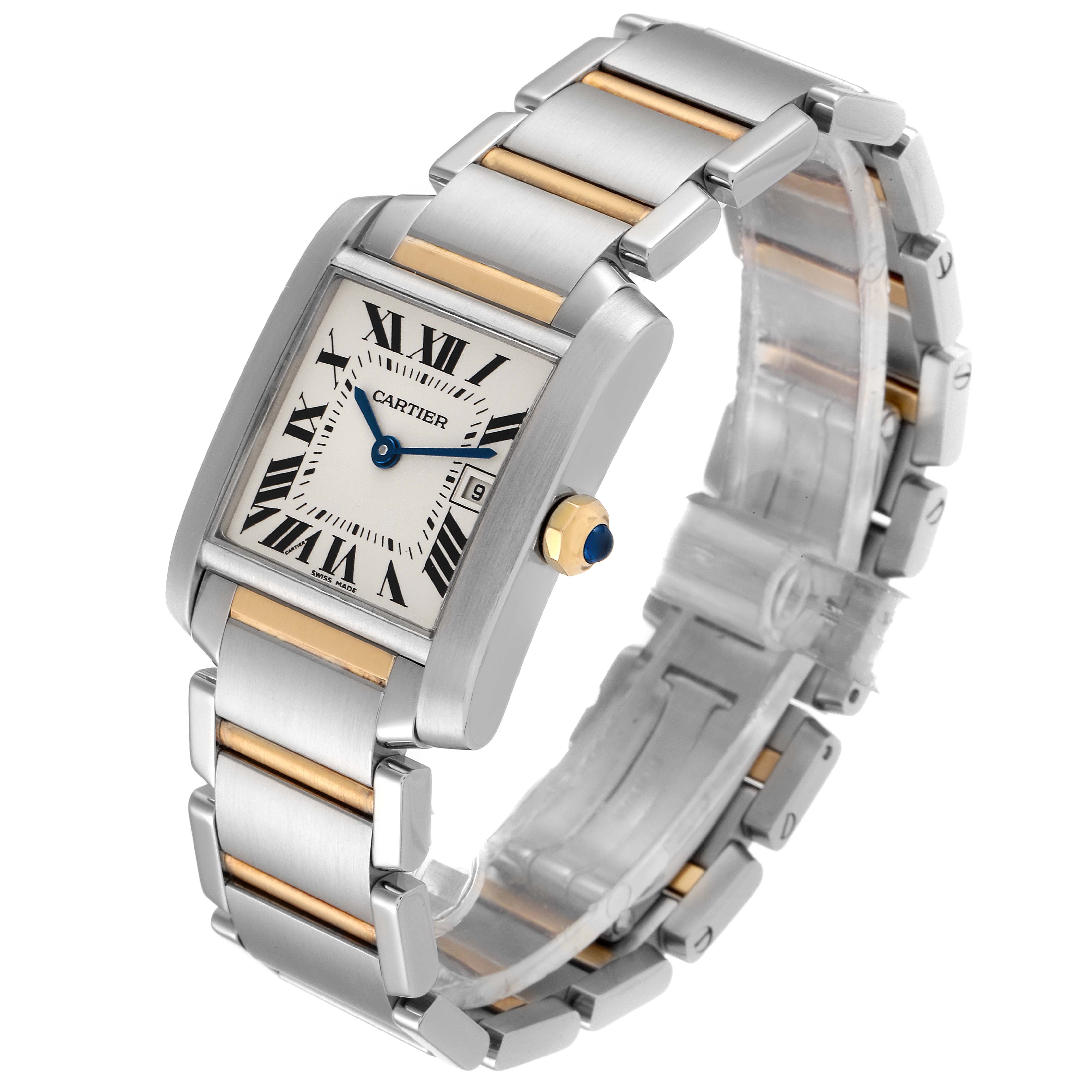 The image shows a Cartier Tank Francaise W51012Q4 Women's Steel and Gold (two tone) Silver Dial W51012Q4 Women's Steel and Gold (two tone) Silver Dial watch angled to display its face, bracelet, and crown with a sapphire cabochon.