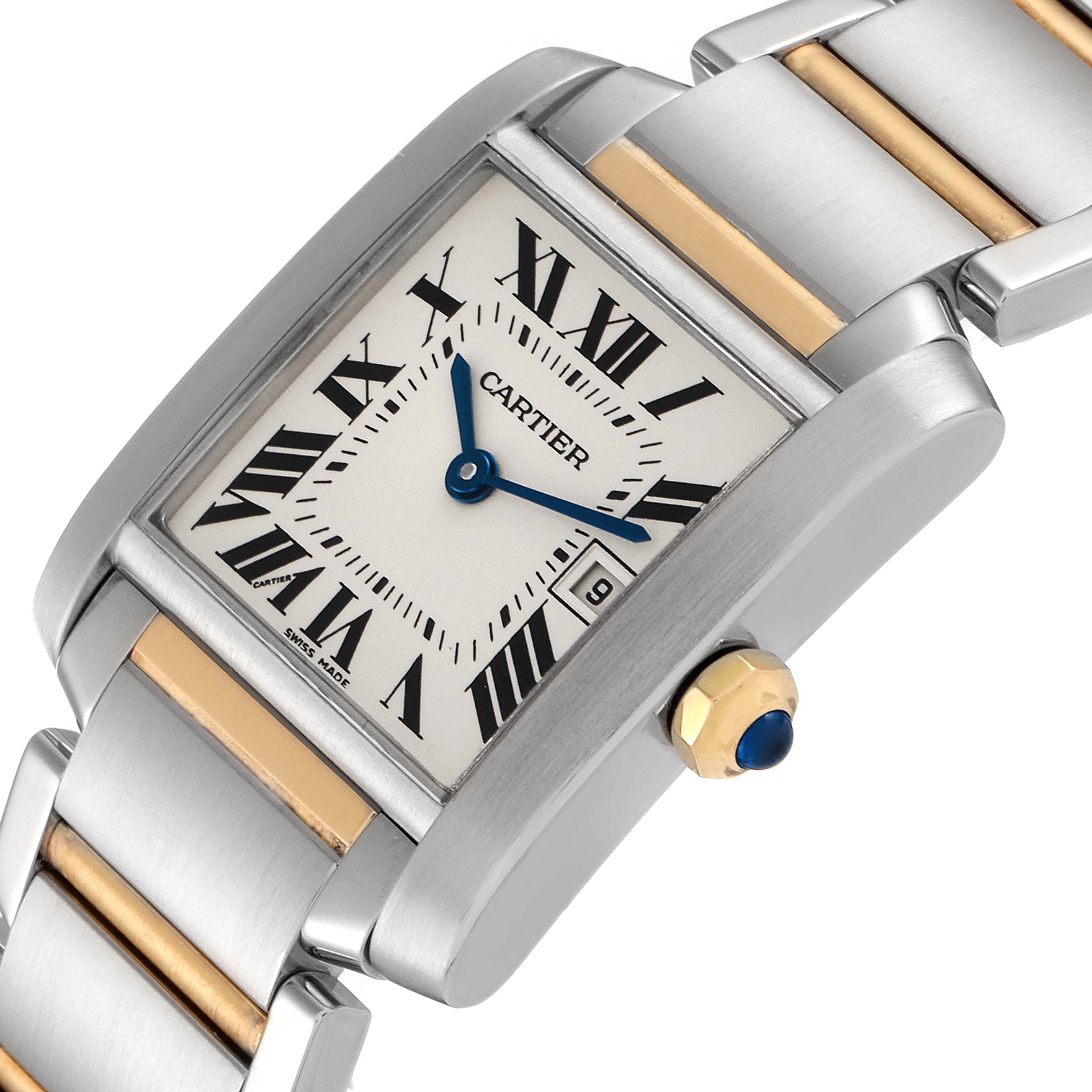 The image shows a close-up angled view of a Cartier Tank Française watch, highlighting its dial, case, and part of the bracelet.