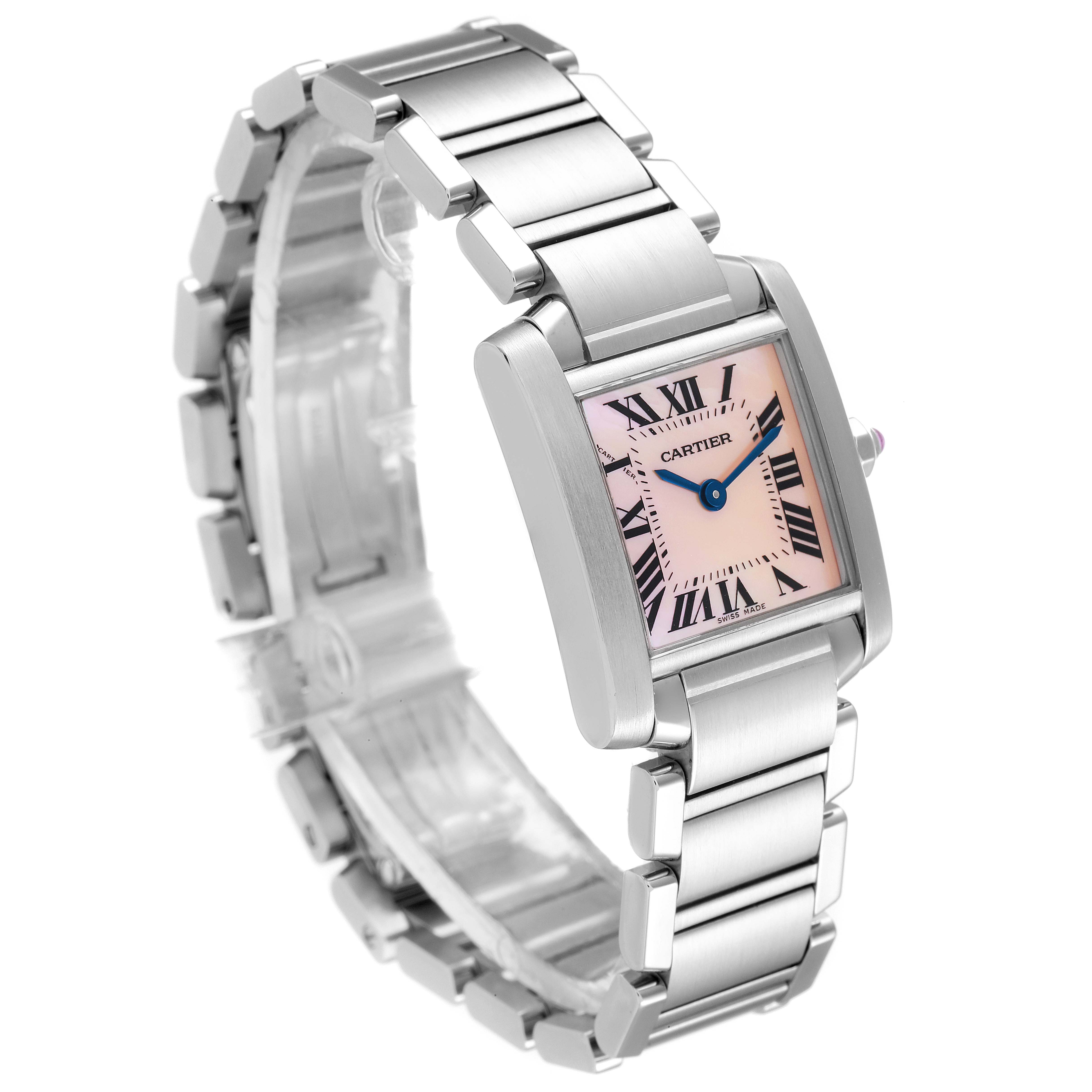 This image shows a Cartier Tank Francaise W51028Q3 Women
s Stainless Steel Mother of Pearl Dial W51028Q3 Women
s Stainless Steel Mother of Pearl Dial watch at a slight angle, emphasizing its metal bracelet and rectangular face with Roman numerals.