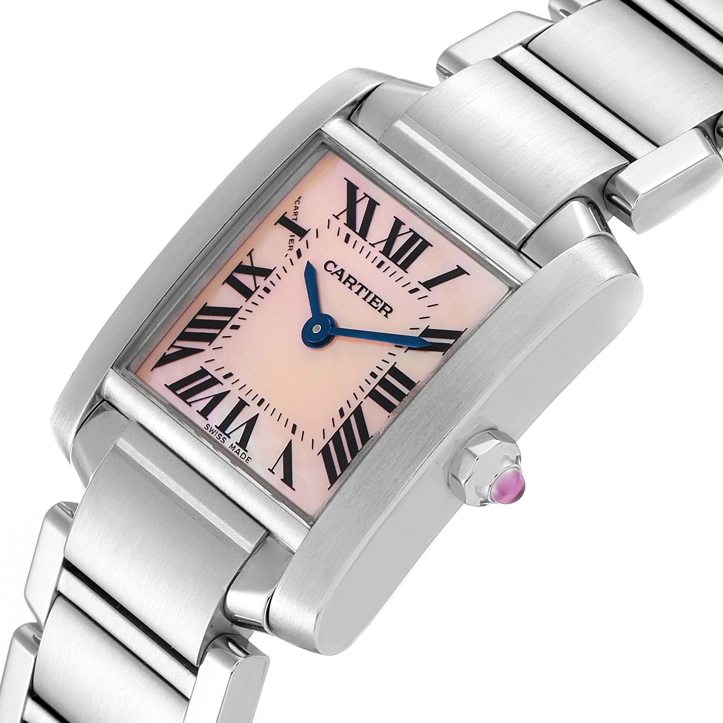 The image shows a close-up, angled view of the Cartier Tank Francaise W51028Q3 Women
s Stainless Steel Mother of Pearl Dial W51028Q3 Women
s Stainless Steel Mother of Pearl Dial watch, highlighting its pink dial, blue hands, and stainless steel bracelet.