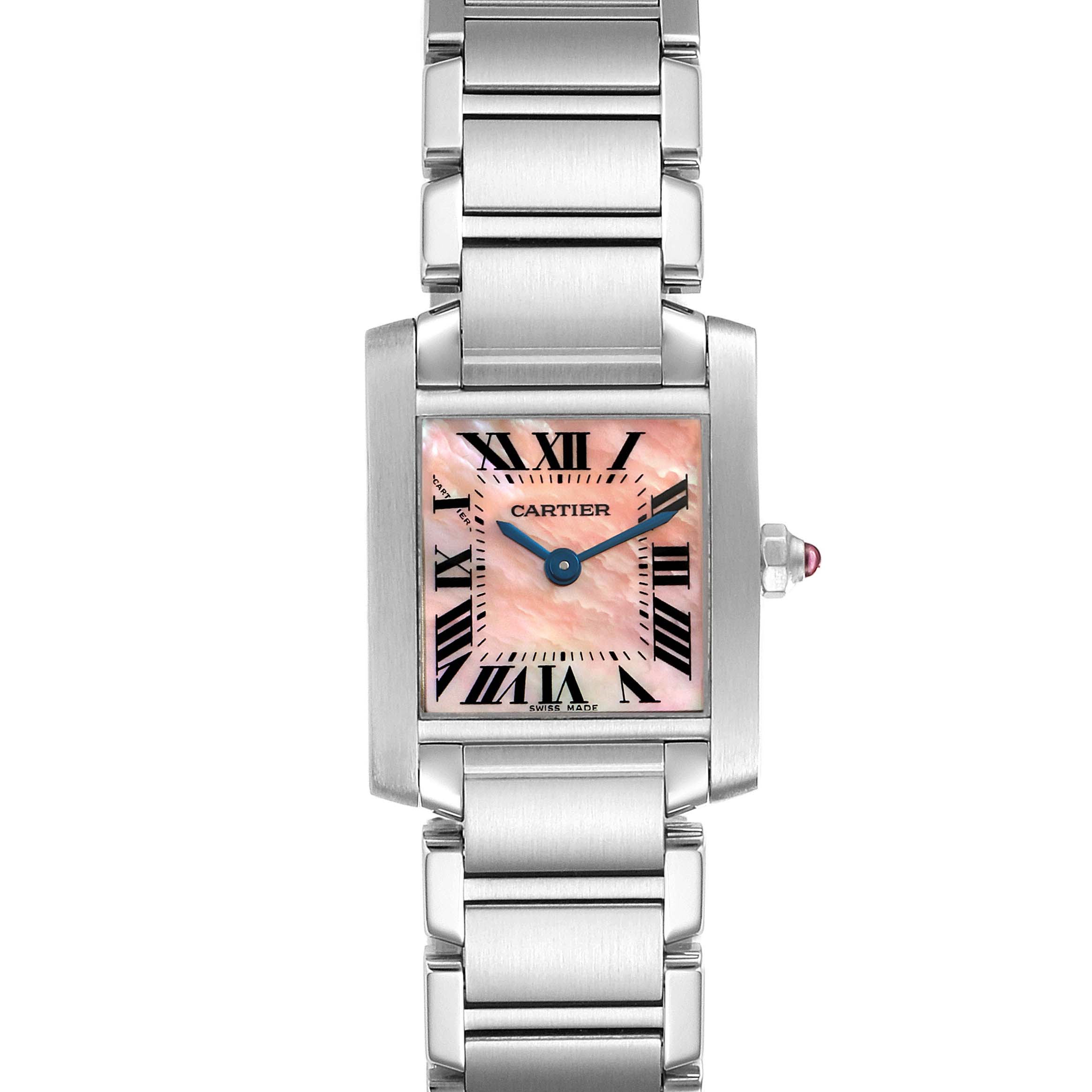 This image shows a Cartier Tank Francaise W51028Q3 Women
s Stainless Steel Mother of Pearl Dial W51028Q3 Women
s Stainless Steel Mother of Pearl Dial watch from a top-down perspective featuring its face and stainless steel bracelet.