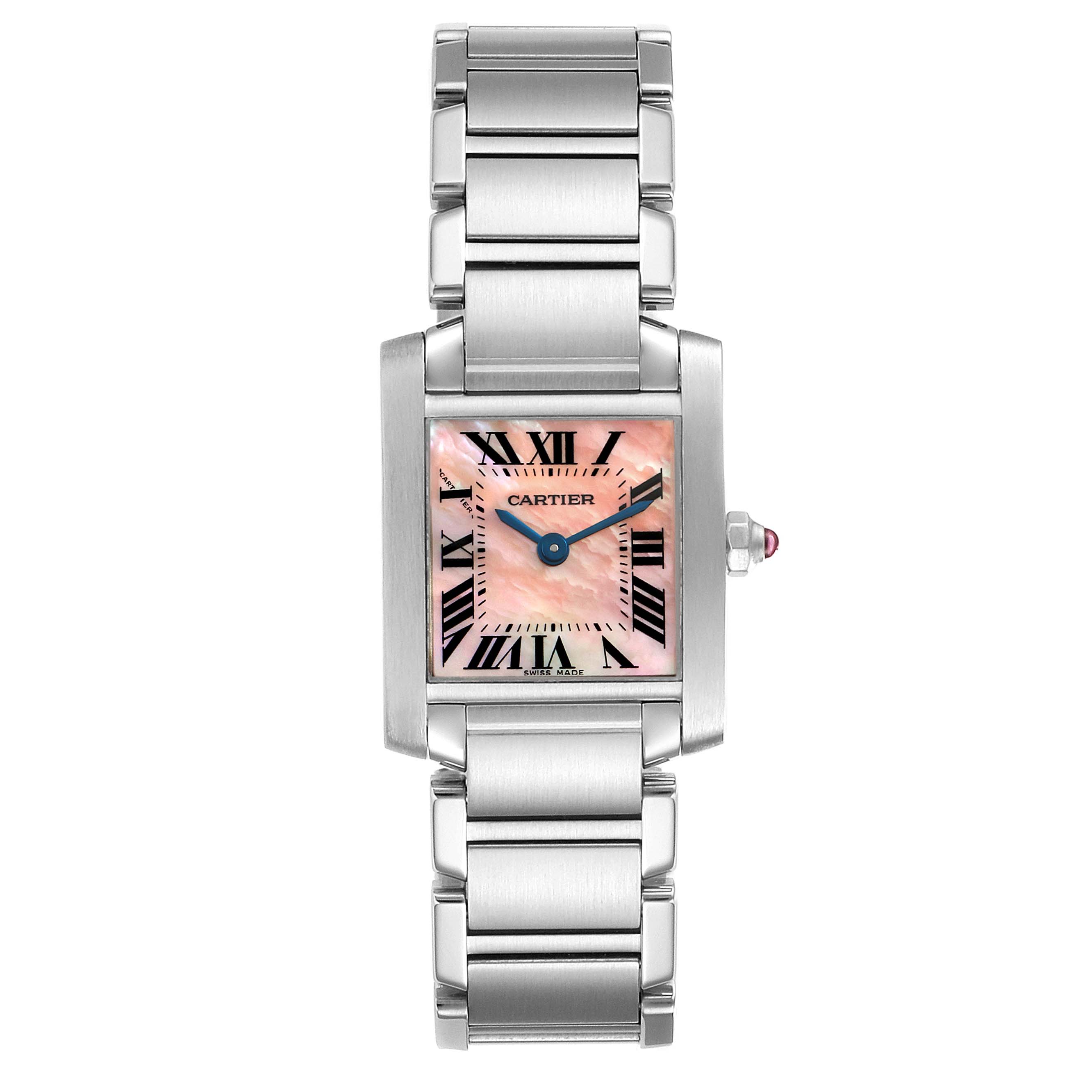 This image shows a Cartier Tank Française watch from a top-down angle, displaying its bracelet and rectangular face with Roman numerals.