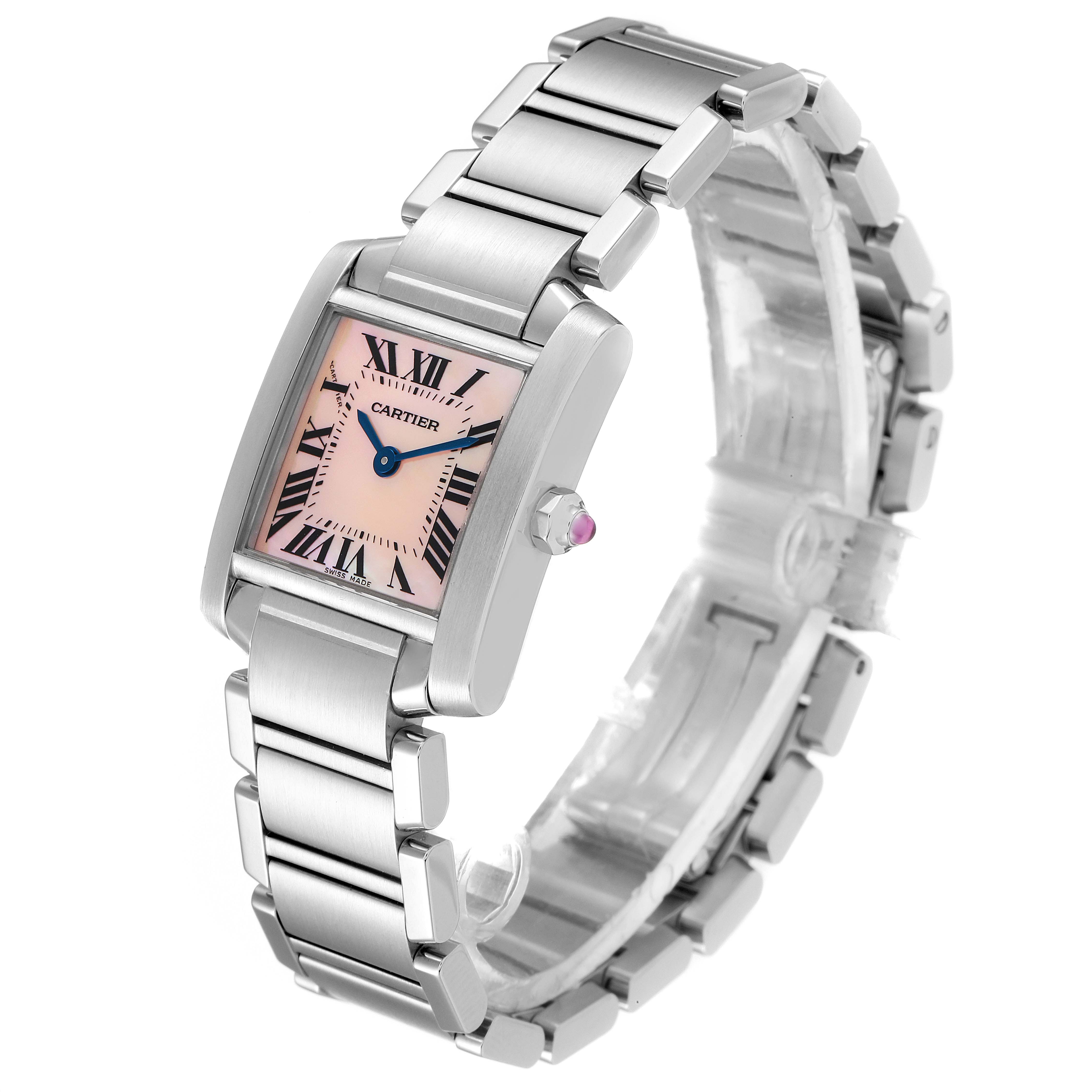 The image shows a Cartier Tank Francaise W51028Q3 Women
s Stainless Steel Mother of Pearl Dial W51028Q3 Women
s Stainless Steel Mother of Pearl Dial watch at a three-quarter angle, highlighting the bracelet, dial, and crown.