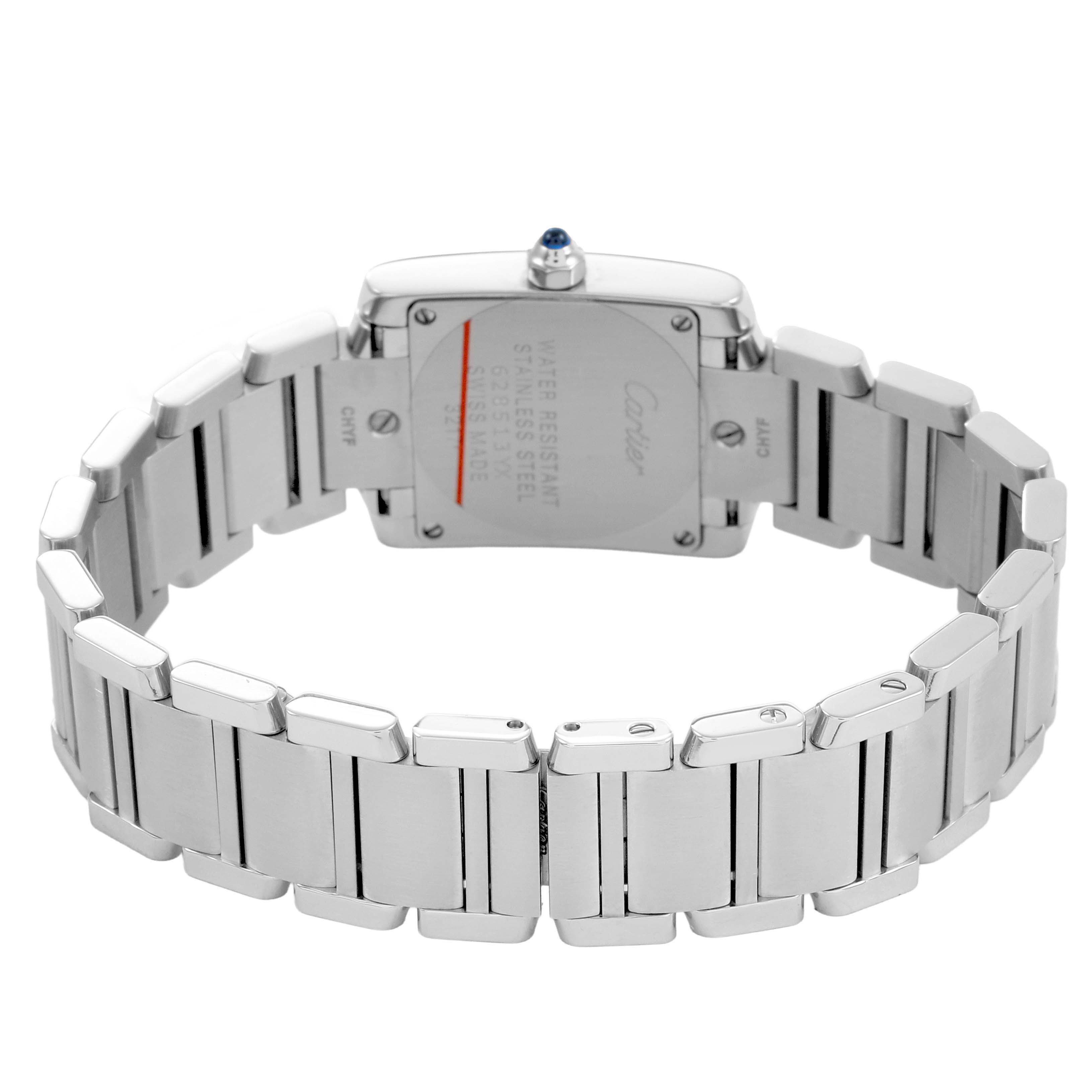 The image shows the back of the Cartier Tank Française watch, highlighting its stainless steel bracelet and case back.