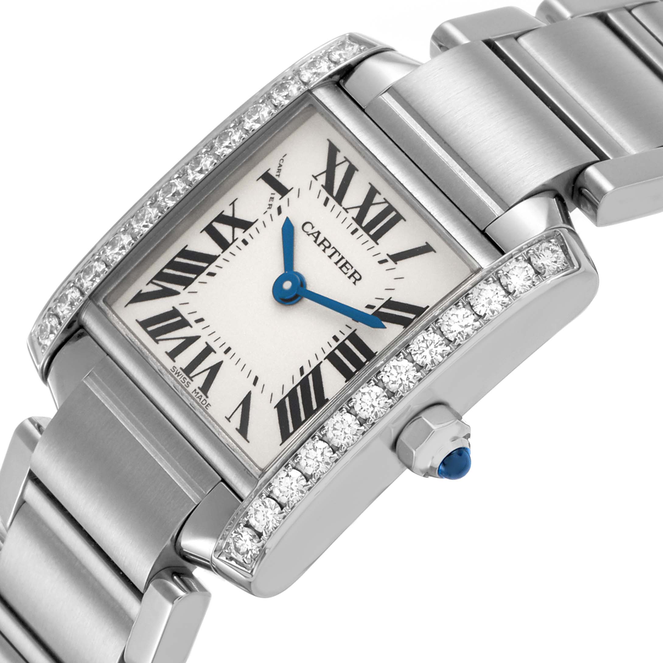 The Cartier Tank Francaise W4TA0008 Women's Stainless Steel Silver Dial watch is shown at an angle, highlighting the face, blue hands, diamond bezel, and metal bracelet.