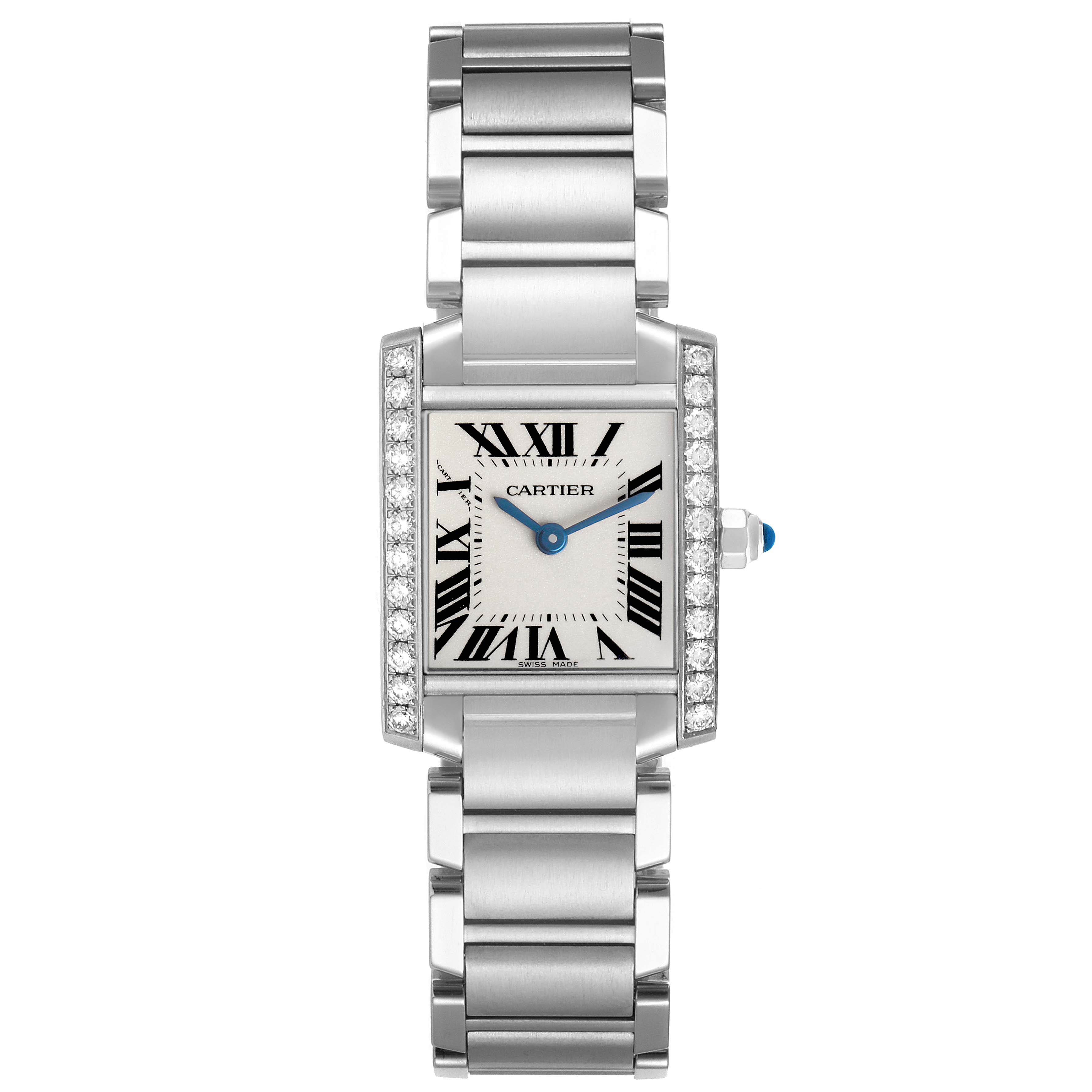 The Cartier Tank Francaise W4TA0008 Women's Stainless Steel Silver Dial watch is shown from a top-down angle, highlighting its rectangular face, bracelet, and diamond accents.