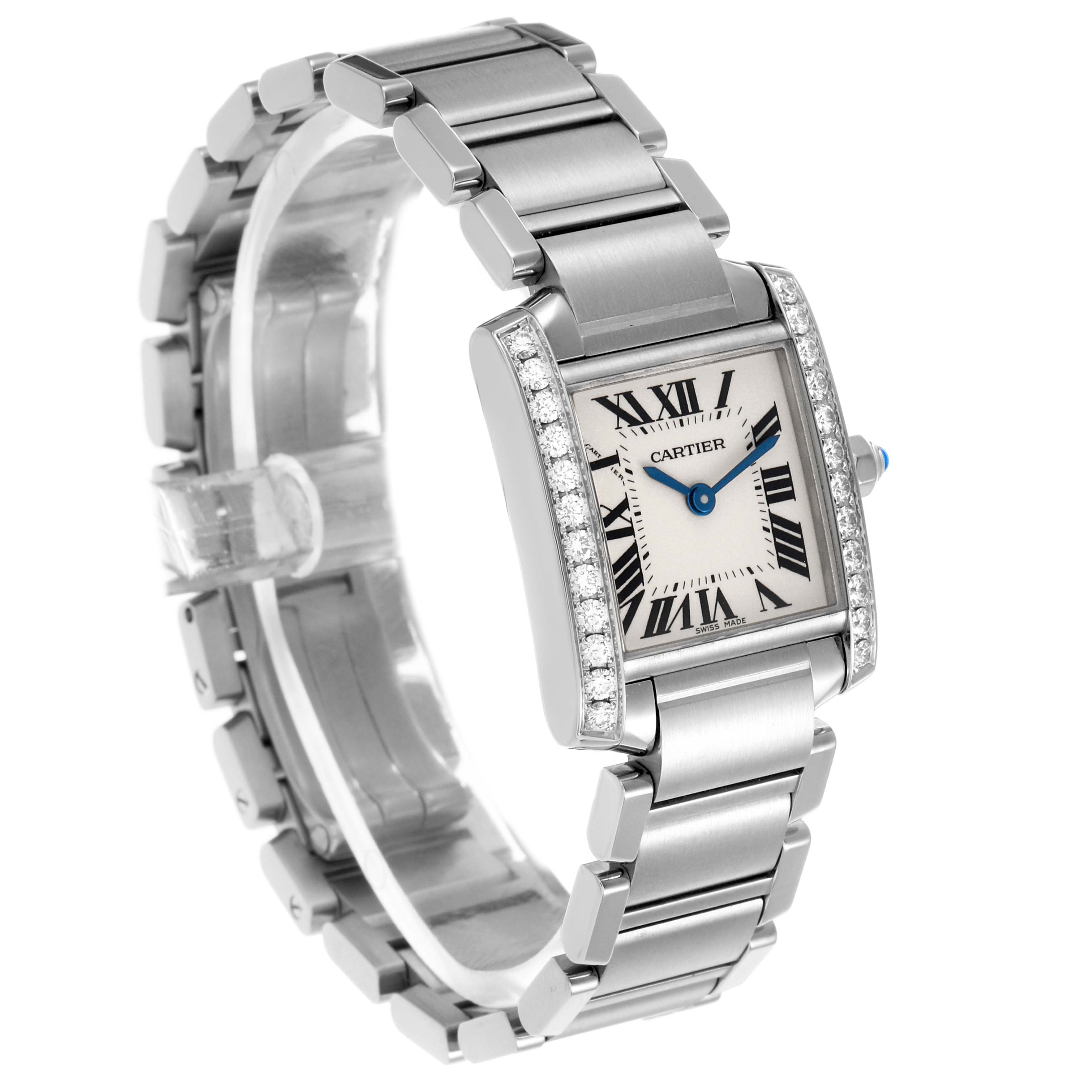 The image shows a Cartier Tank Francaise W4TA0008 Women's Stainless Steel Silver Dial watch at a three-quarter angle, highlighting the bracelet, face, and diamond-accented bezel.