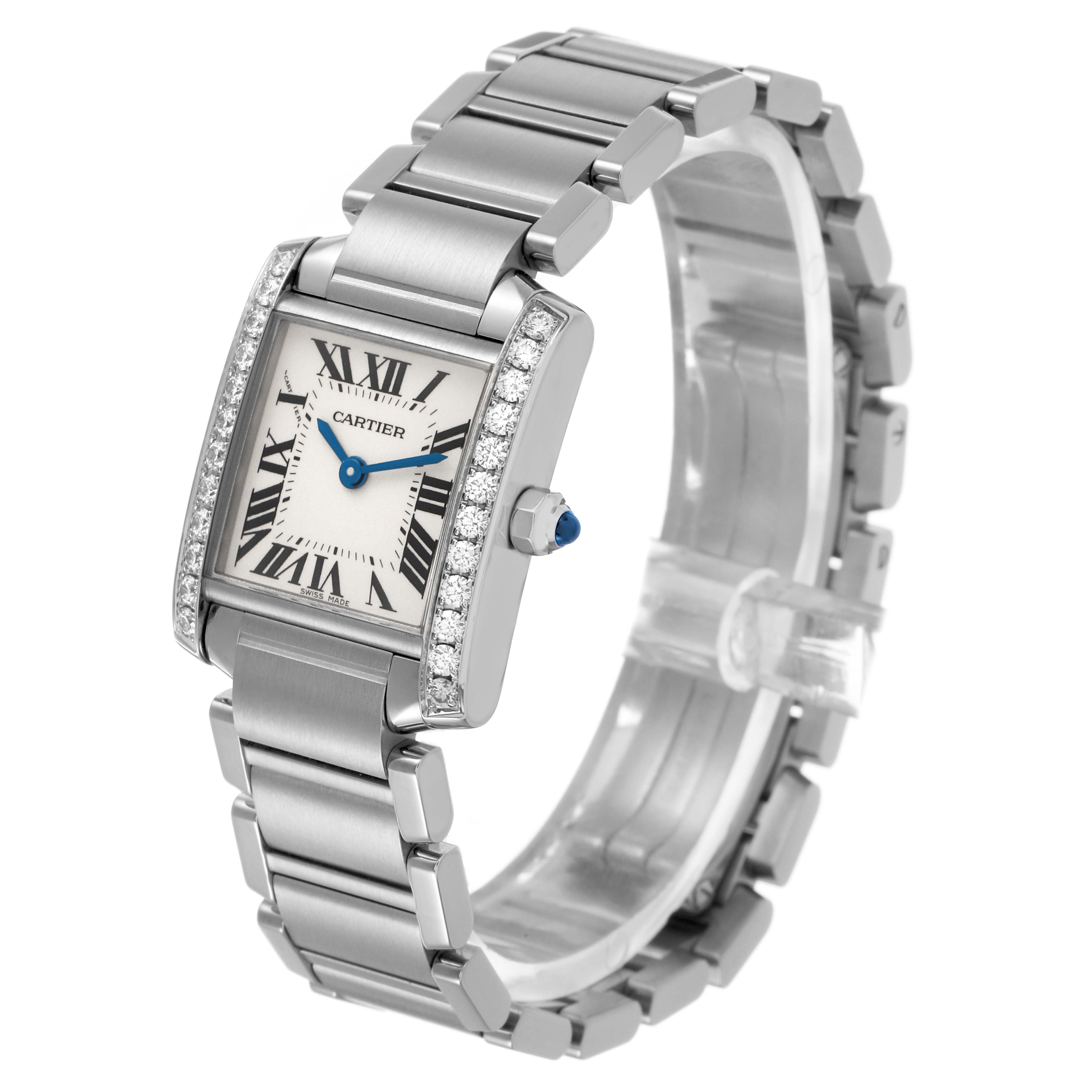 The Cartier Tank Française watch is shown at a side angle, highlighting the rectangular face, diamond bezel, and metal bracelet.