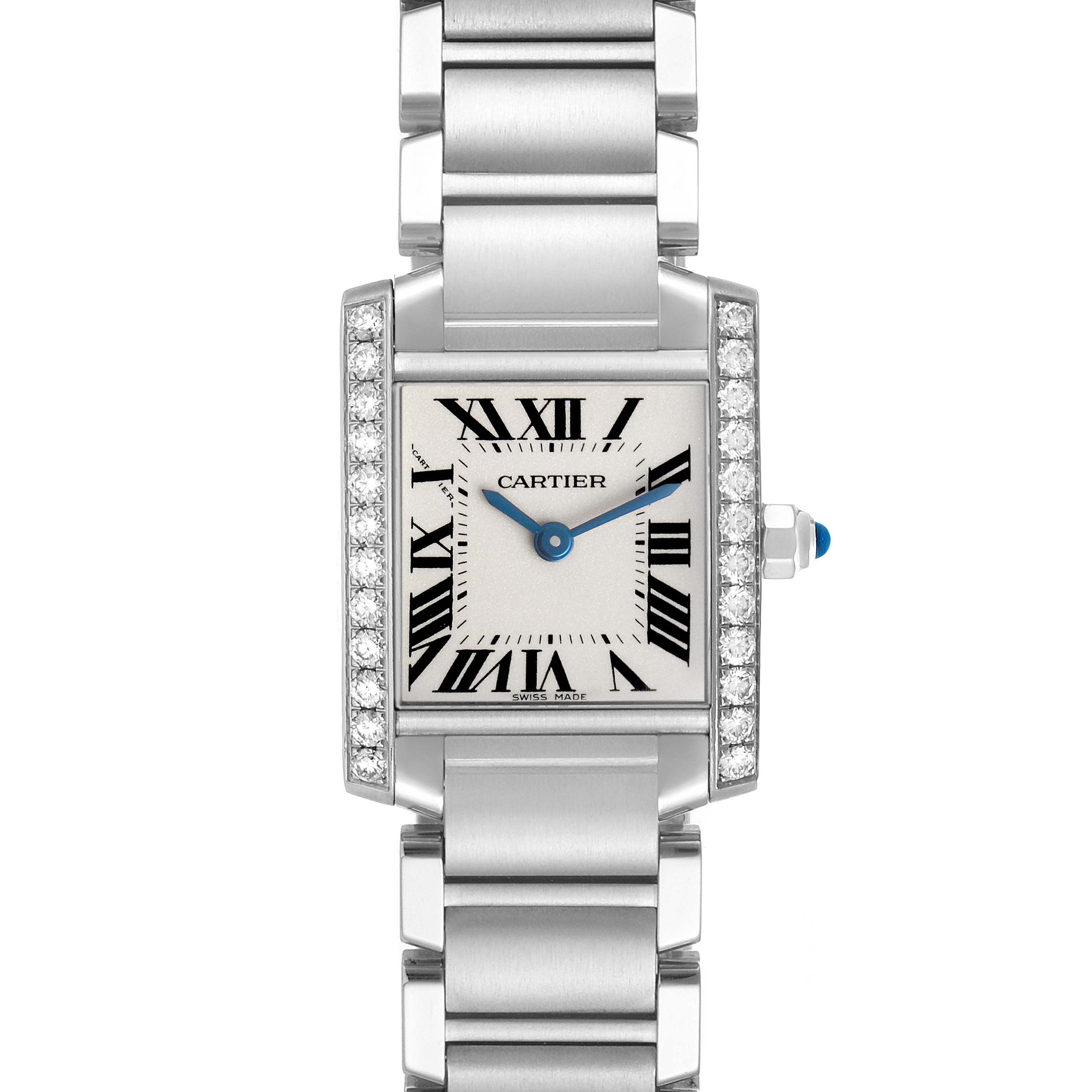 The Cartier Tank Francaise W4TA0008 Women's Stainless Steel Silver Dial watch is shown from a front angle, highlighting the face, Roman numerals, and bracelet.