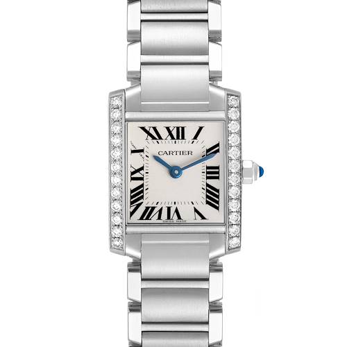 The Cartier Tank Francaise W4TA0008 Women's Stainless Steel Silver Dial watch is shown from a frontal angle, displaying its face, Roman numerals, and diamond-accented bezel.
