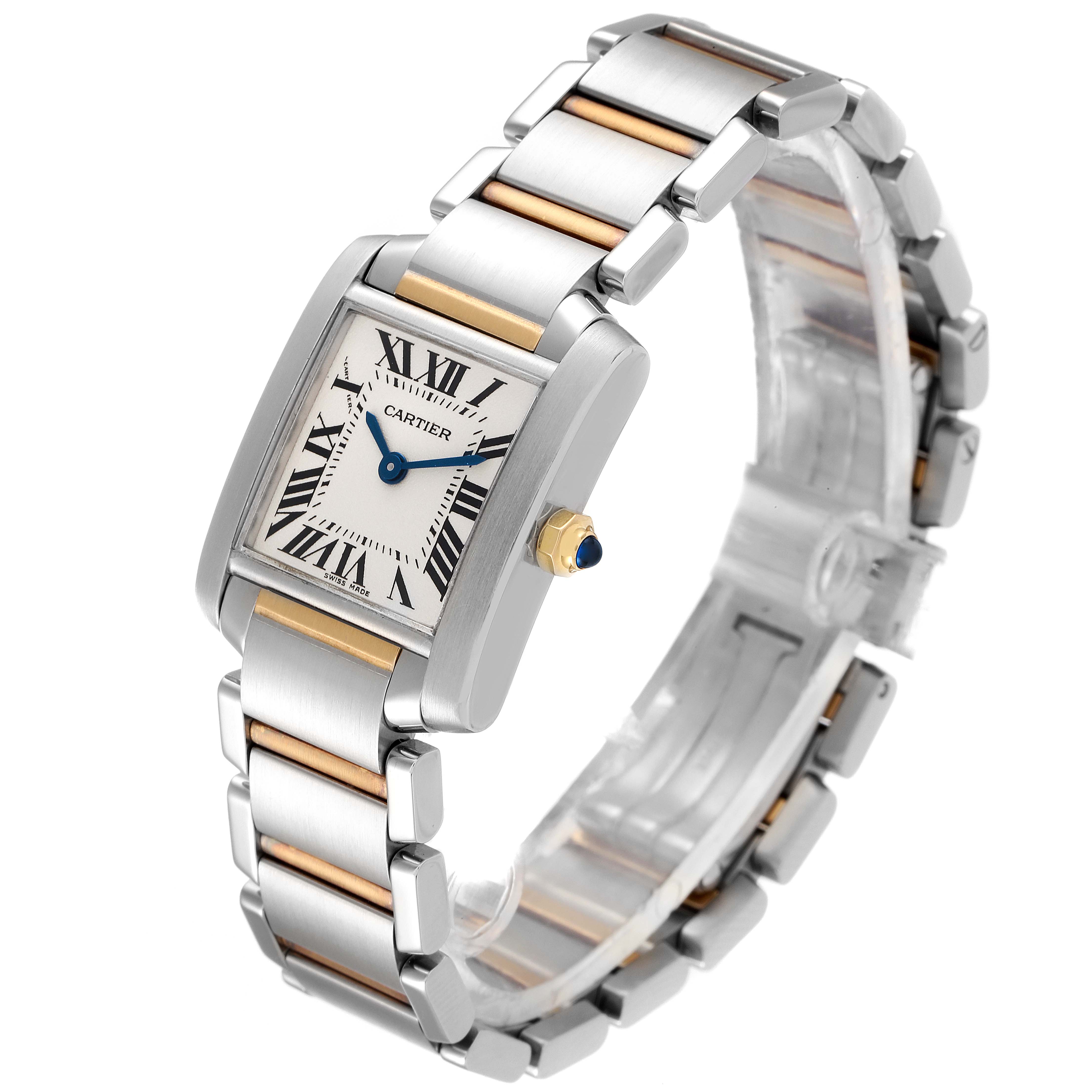 This image shows a stainless steel and gold Cartier Tank Française watch angled to display its rectangular face and bracelet.