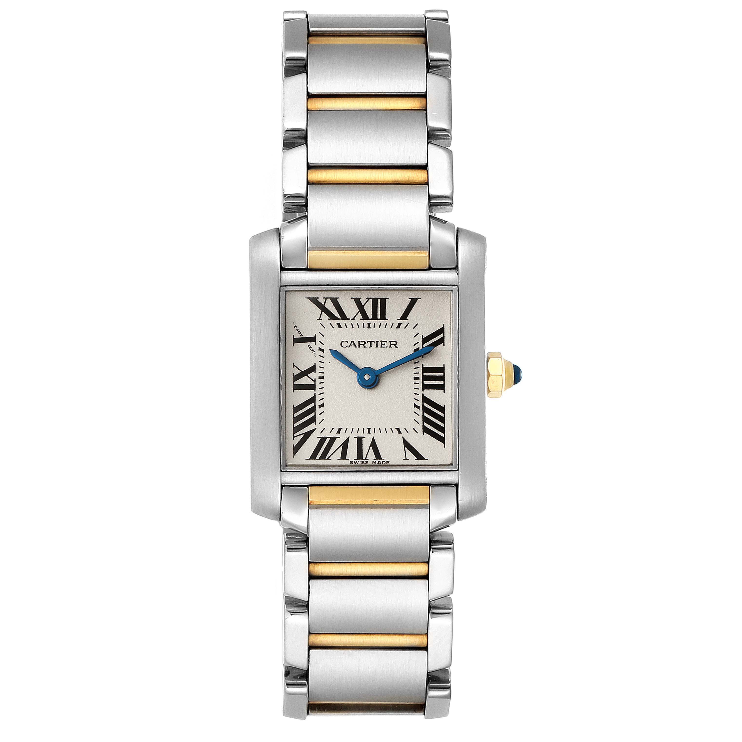 The image shows a front view of a Cartier Tank Francaise W51007Q4 Women's Steel and Gold (two tone) Silver Dial W51007Q4 Women's Steel and Gold (two tone) Silver Dial watch.