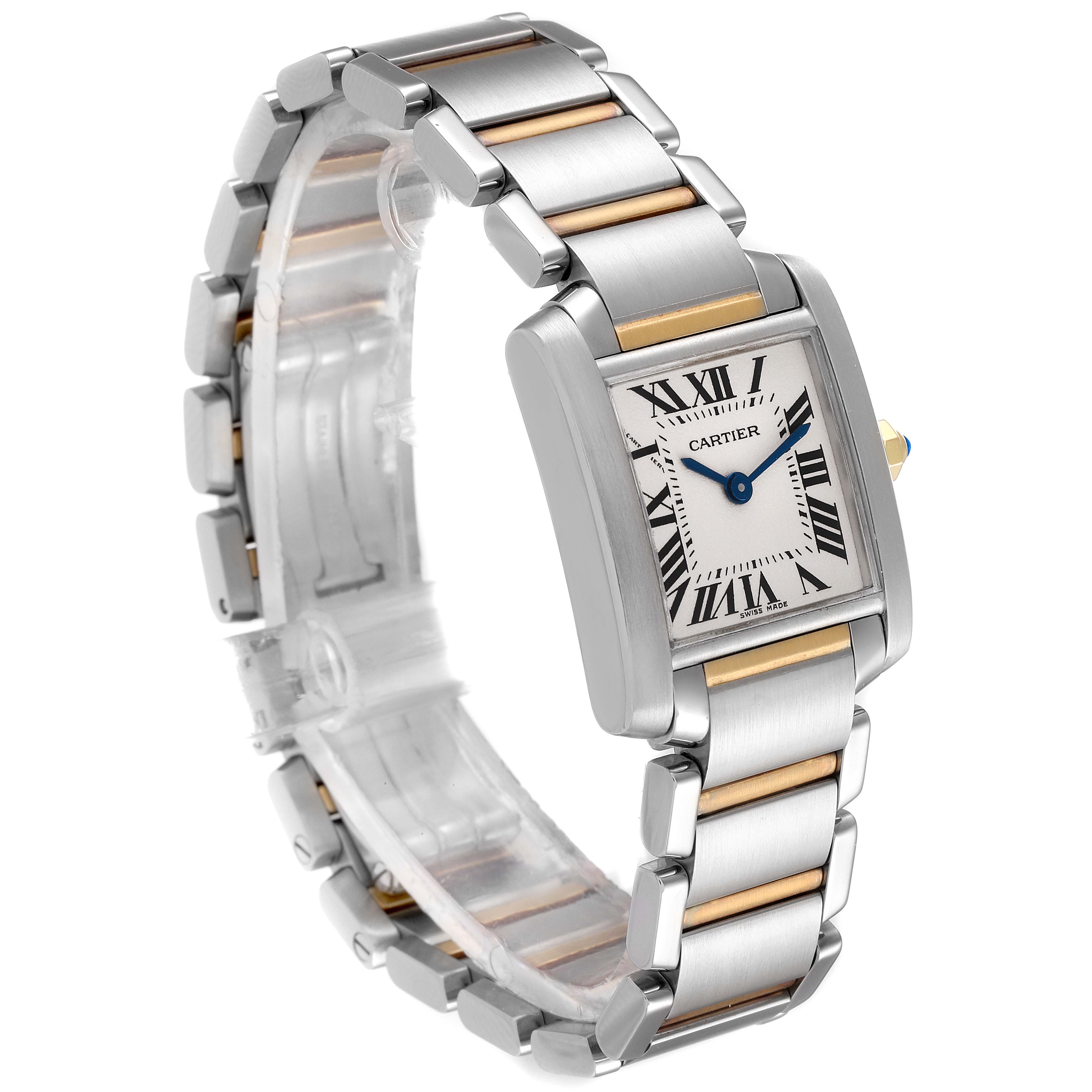 This image shows a Cartier Tank Francaise W51007Q4 Women's Steel and Gold (two tone) Silver Dial W51007Q4 Women's Steel and Gold (two tone) Silver Dial watch at an angled view highlighting its face, strap, and clasp.