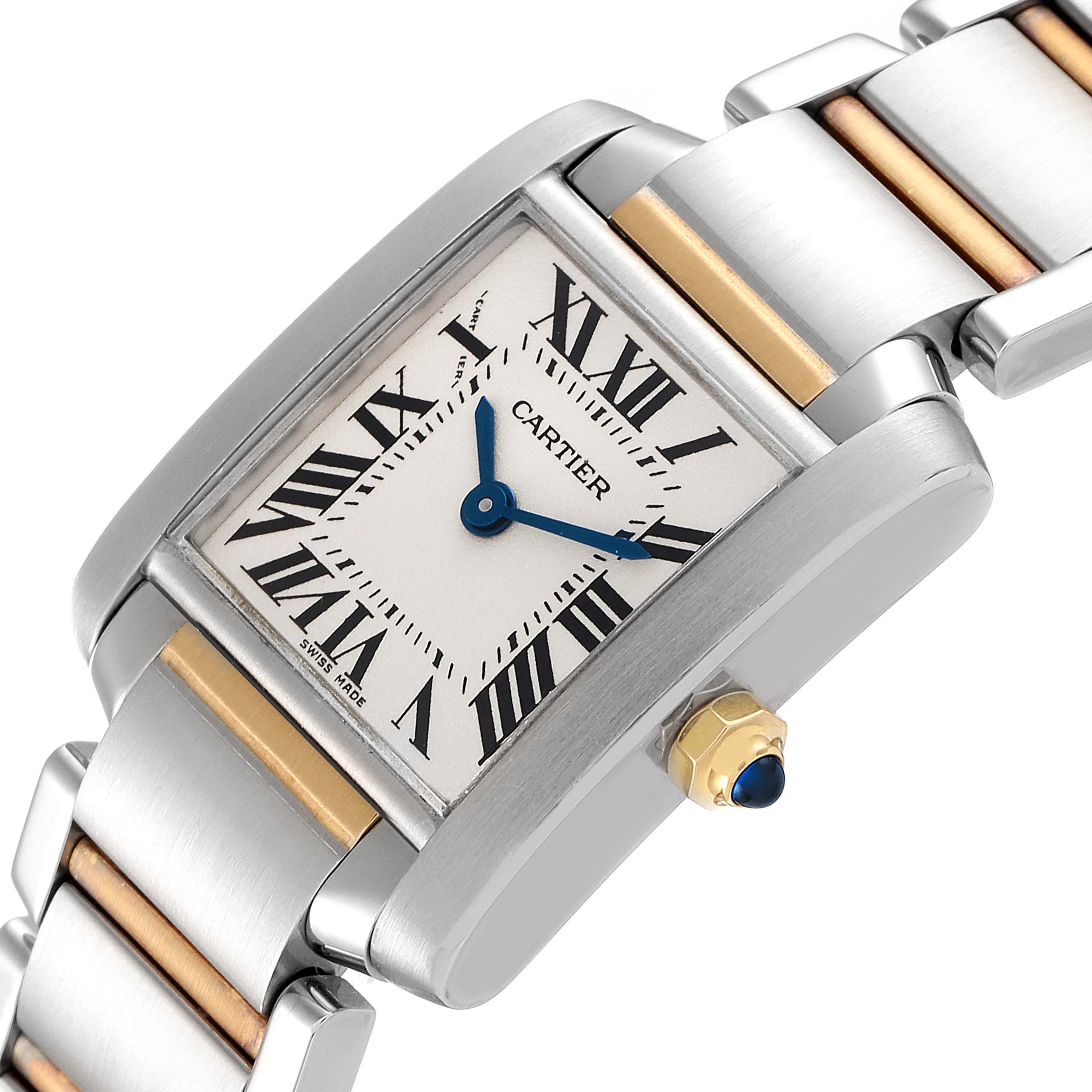 The image shows a close-up, angled view of the Cartier Tank Francaise W51007Q4 Women's Steel and Gold (two tone) Silver Dial W51007Q4 Women's Steel and Gold (two tone) Silver Dial watch, highlighting the face, bracelet, and crown.