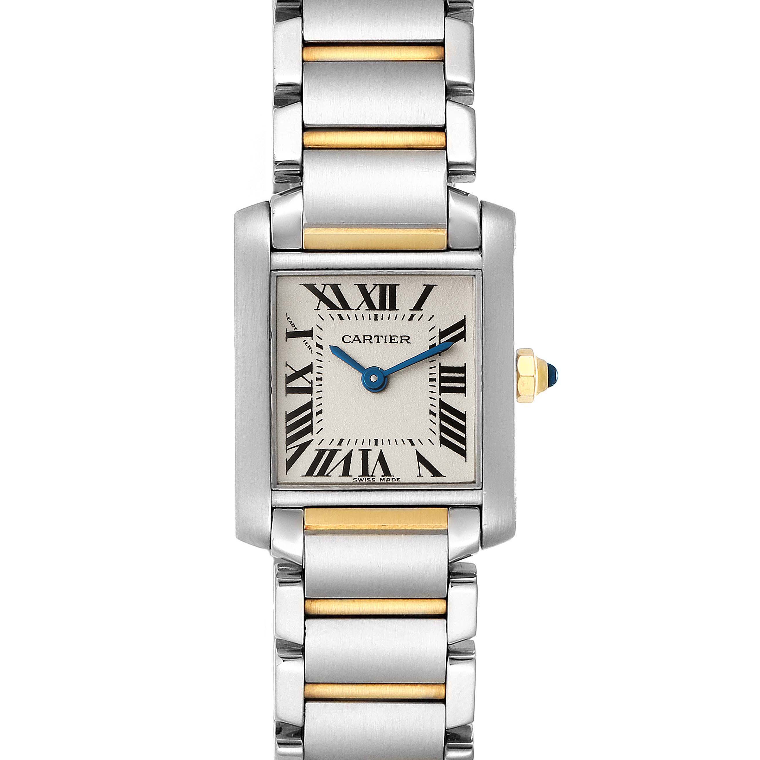 The image shows a front view of the Cartier Tank Francaise W51007Q4 Women's Steel and Gold (two tone) Silver Dial W51007Q4 Women's Steel and Gold (two tone) Silver Dial watch, featuring its rectangular face, Roman numerals, and two-tone bracelet.