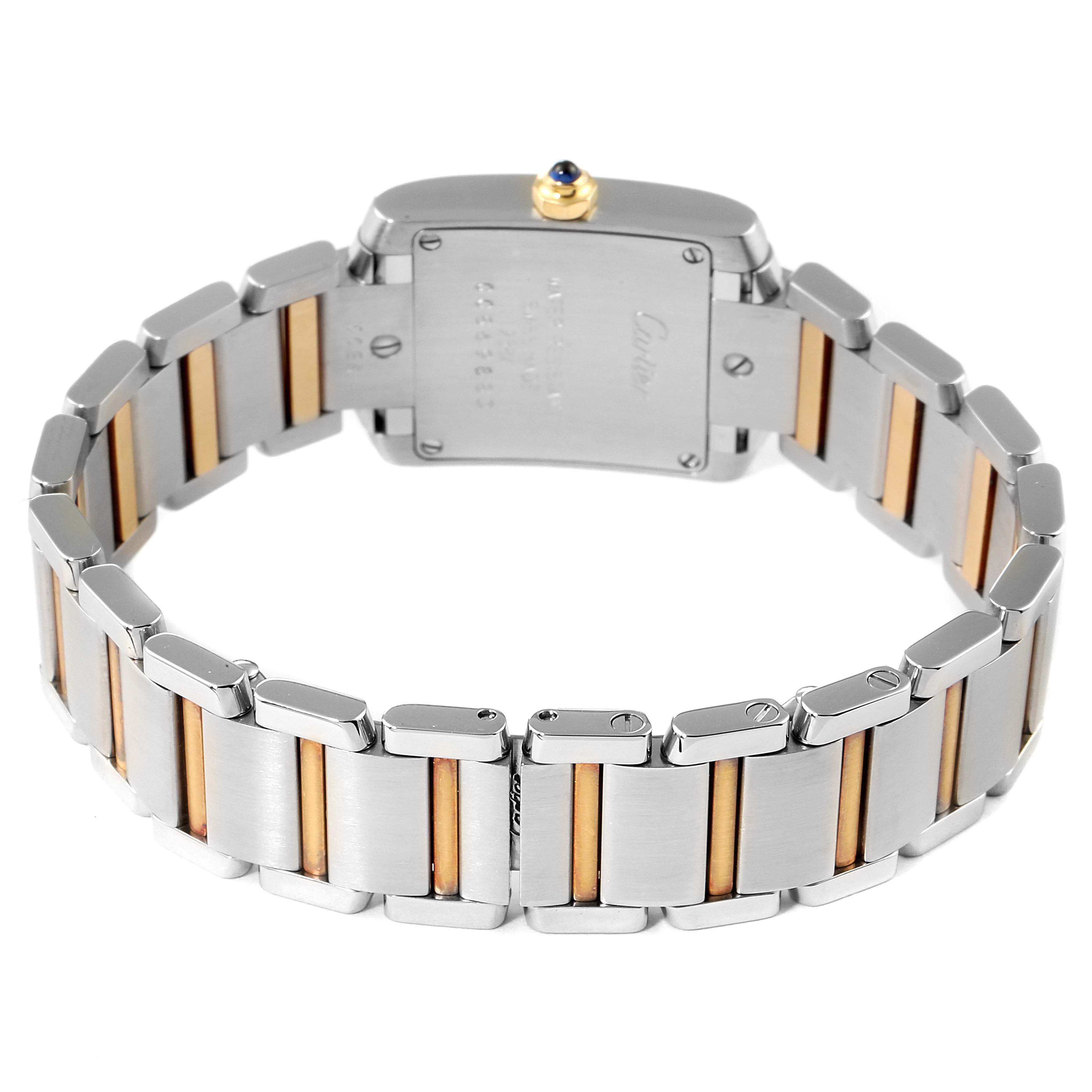 The image shows the back view of the Cartier Tank Française watch, highlighting its two-tone bracelet and case back.