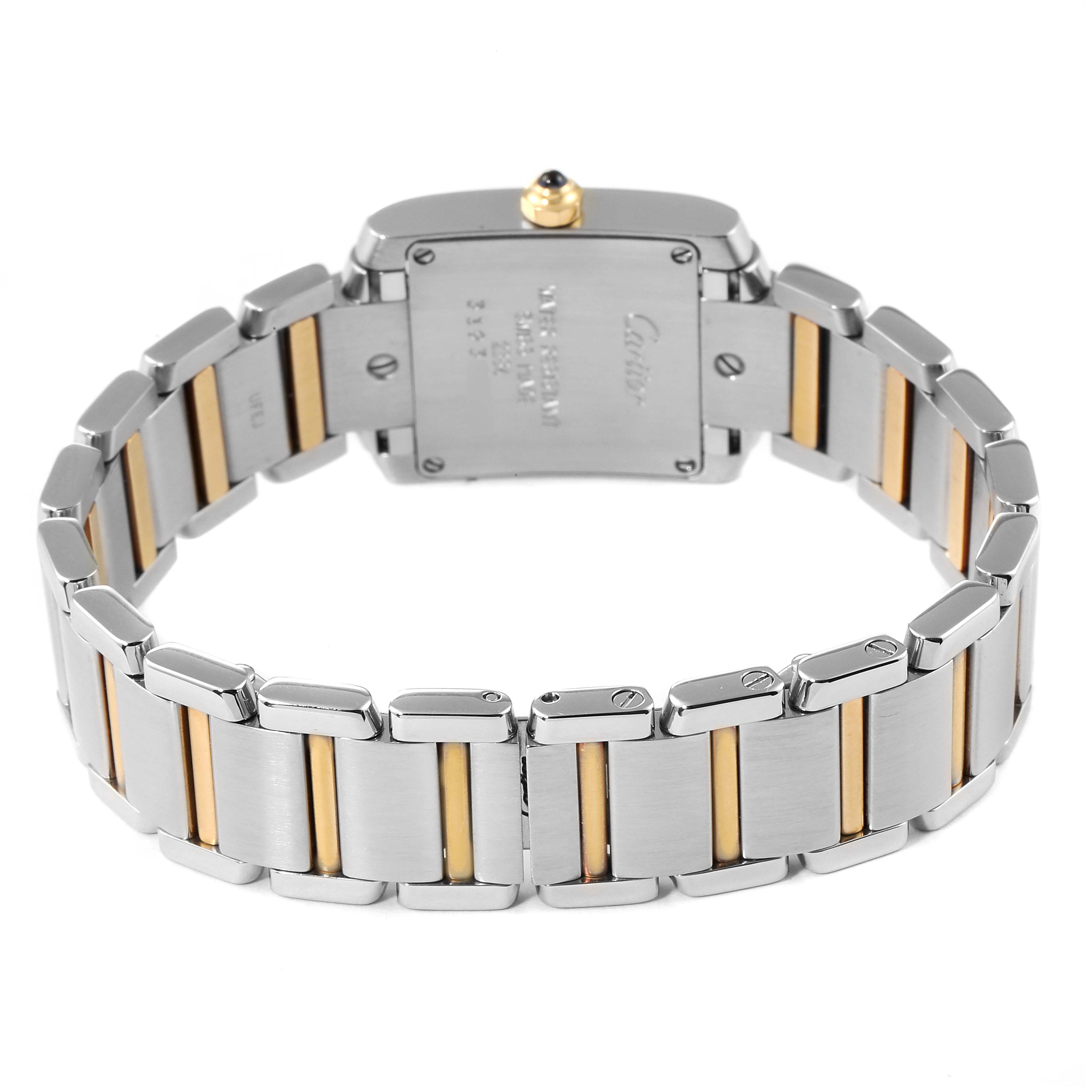 This image shows the back view of a Cartier Tank Francaise W51007Q4 Women
s Steel and Gold (two tone) Silver Dial W51007Q4 Women
s Steel and Gold (two tone) Silver Dial watch, highlighting its two-tone metal bracelet and case back.