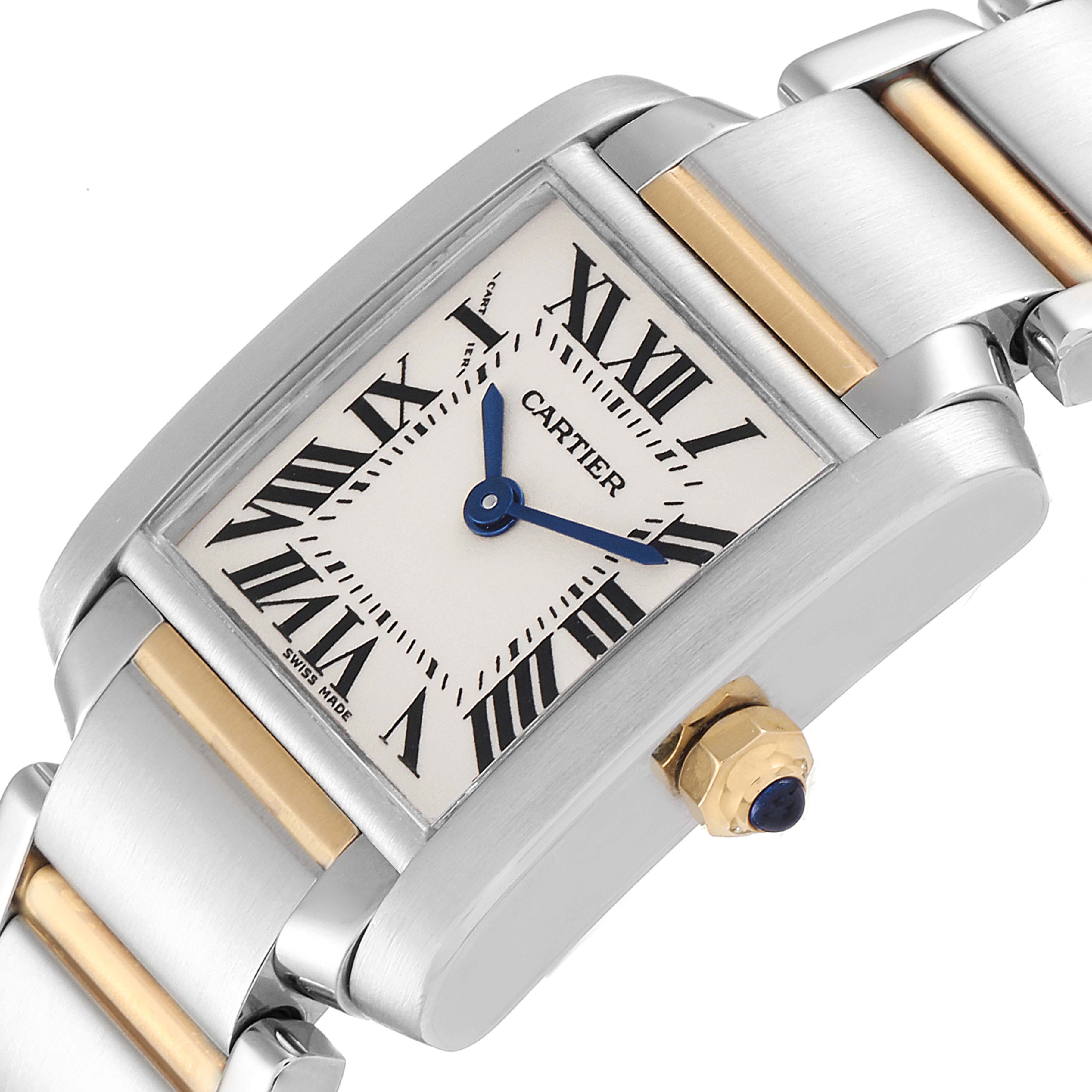 The Cartier Tank Francaise W51007Q4 Women
s Steel and Gold (two tone) Silver Dial W51007Q4 Women
s Steel and Gold (two tone) Silver Dial watch is shown from an angled, close-up view, highlighting the dial, bracelet, and crown.