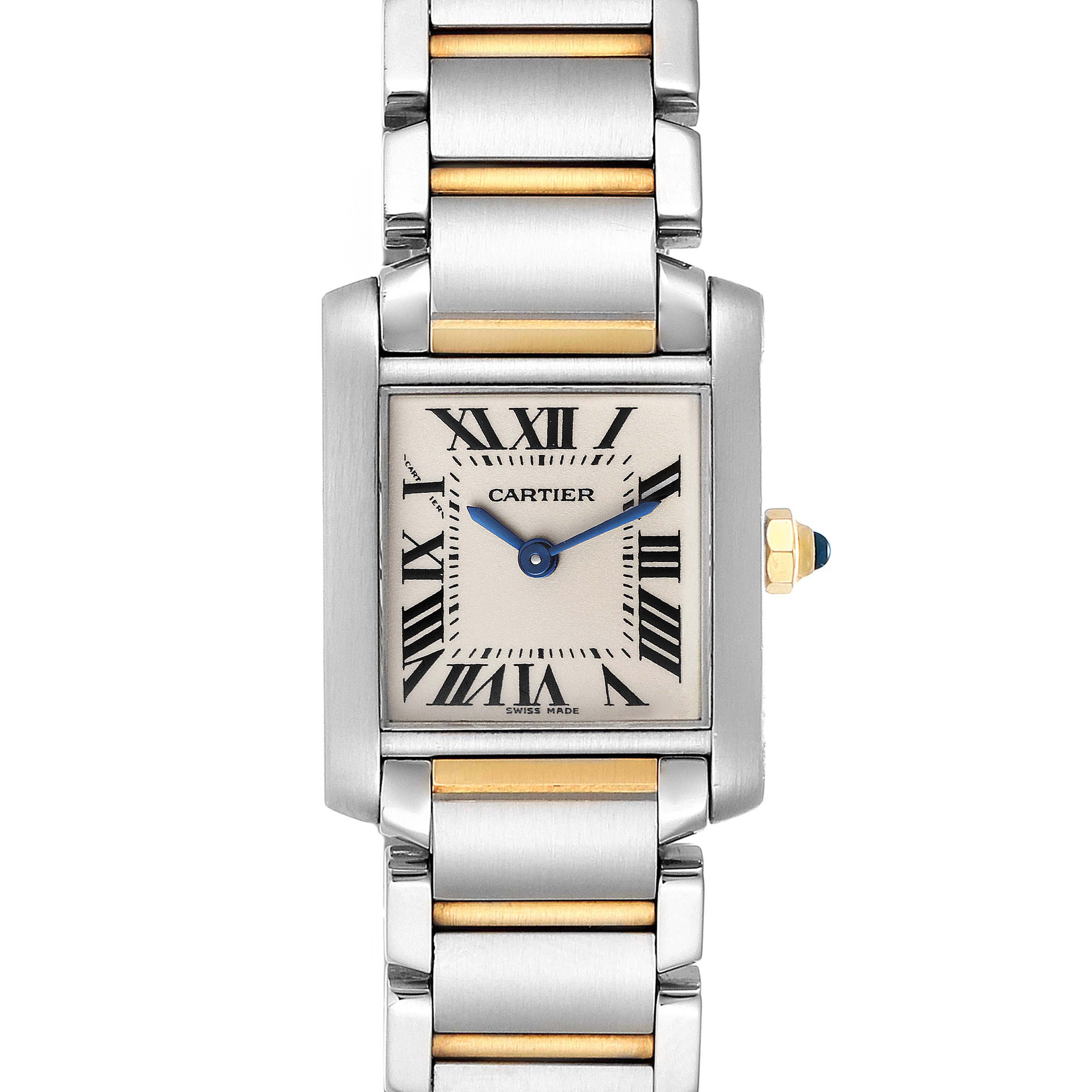This is a front view of the Cartier Tank Française watch, displaying the rectangular face, Roman numerals, and metal bracelet.