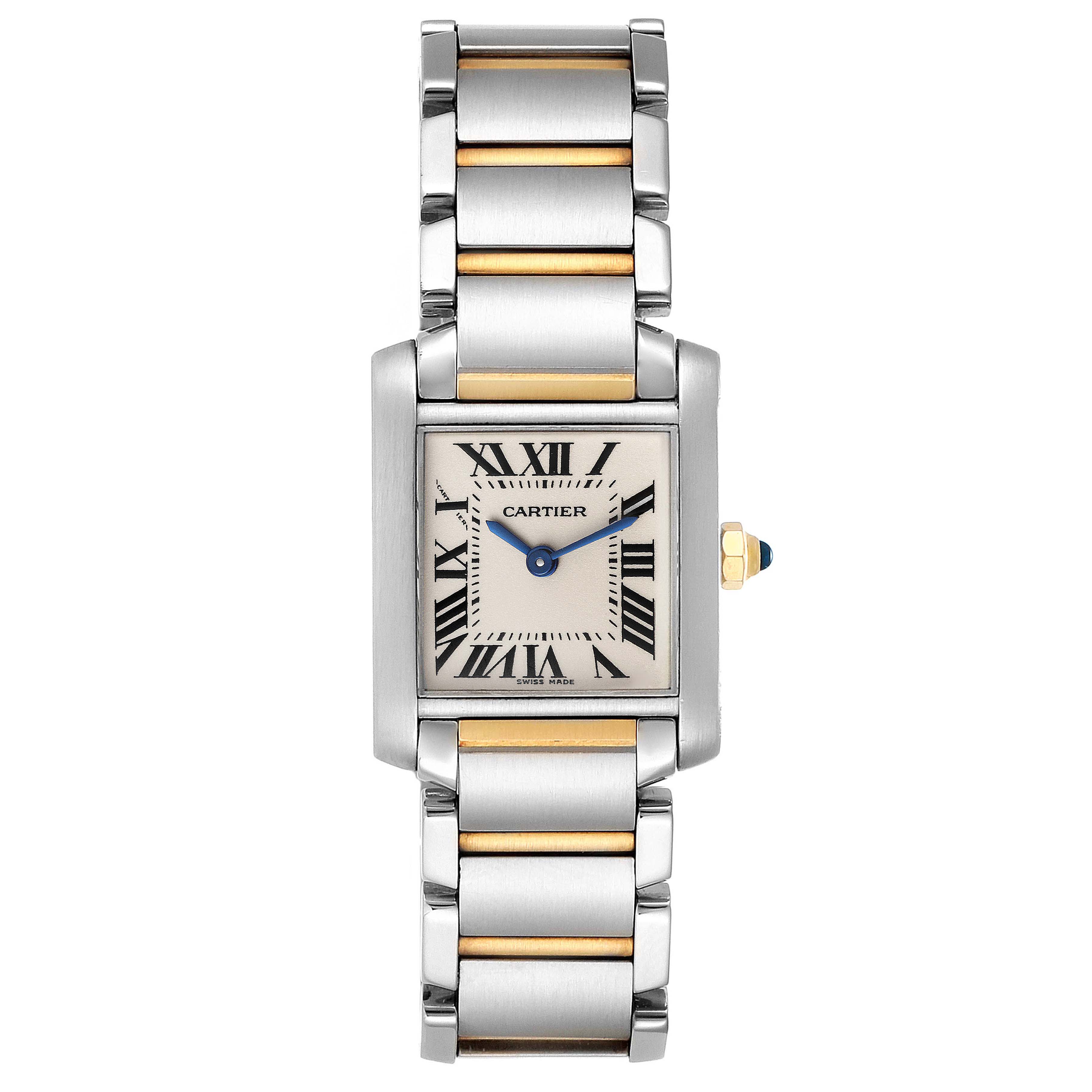 The image shows a front-facing view of a Cartier Tank Francaise W51007Q4 Women
s Steel and Gold (two tone) Silver Dial W51007Q4 Women
s Steel and Gold (two tone) Silver Dial watch, highlighting its rectangular face, bracelet, and crown.