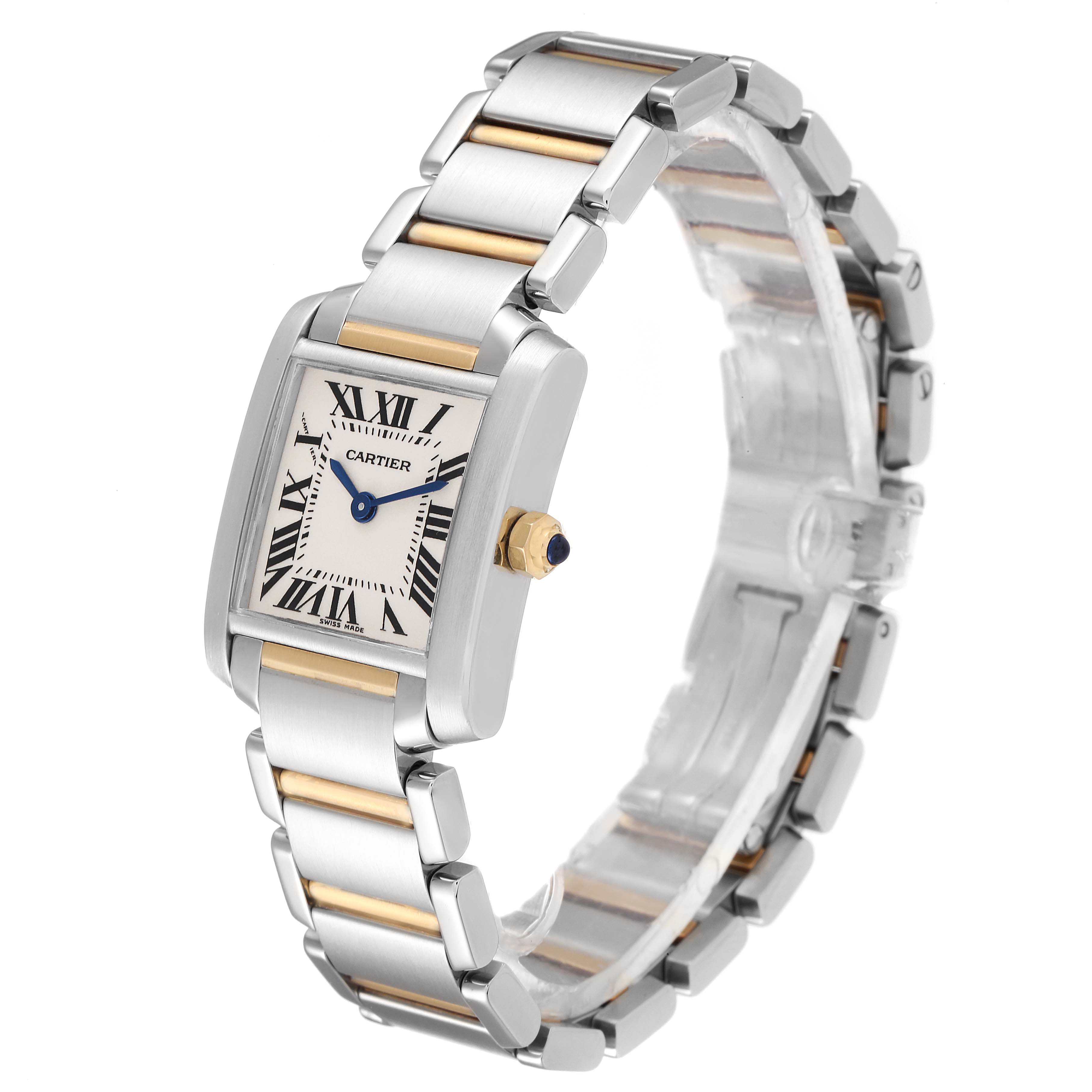 The image shows a Cartier Tank Francaise W51007Q4 Women
s Steel and Gold (two tone) Silver Dial W51007Q4 Women
s Steel and Gold (two tone) Silver Dial watch, displaying the front, side, and bracelet at an angle.