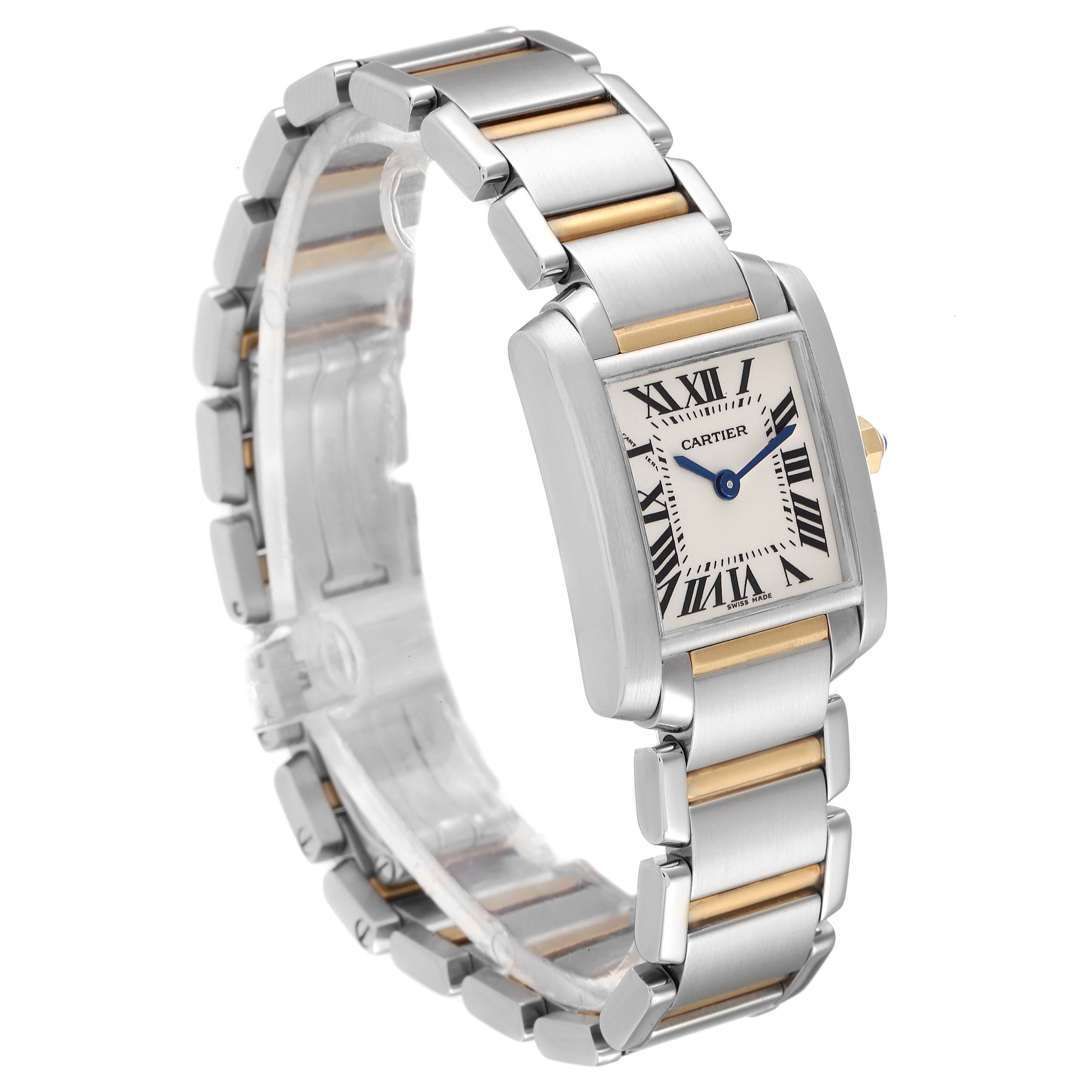 This Cartier Tank Francaise W51007Q4 Women
s Steel and Gold (two tone) Silver Dial W51007Q4 Women
s Steel and Gold (two tone) Silver Dial watch is shown at a three-quarter angle, highlighting the rectangular face and metallic bracelet.