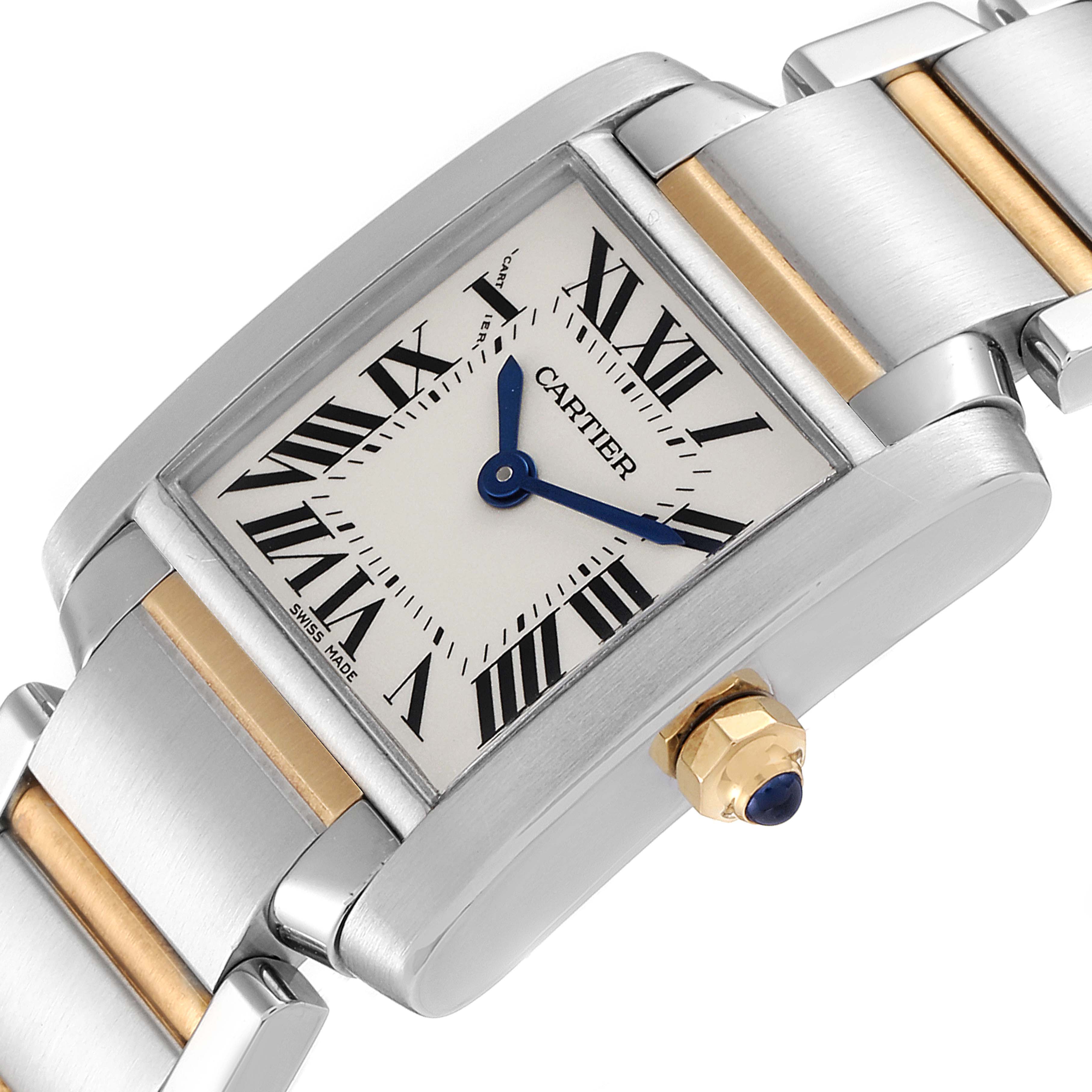 The image shows a close-up angle of the Cartier Tank Francaise W51007Q4 Women's Steel and Gold (two tone) Silver Dial W51007Q4 Women's Steel and Gold (two tone) Silver Dial watch, highlighting the face, bracelet, and crown.