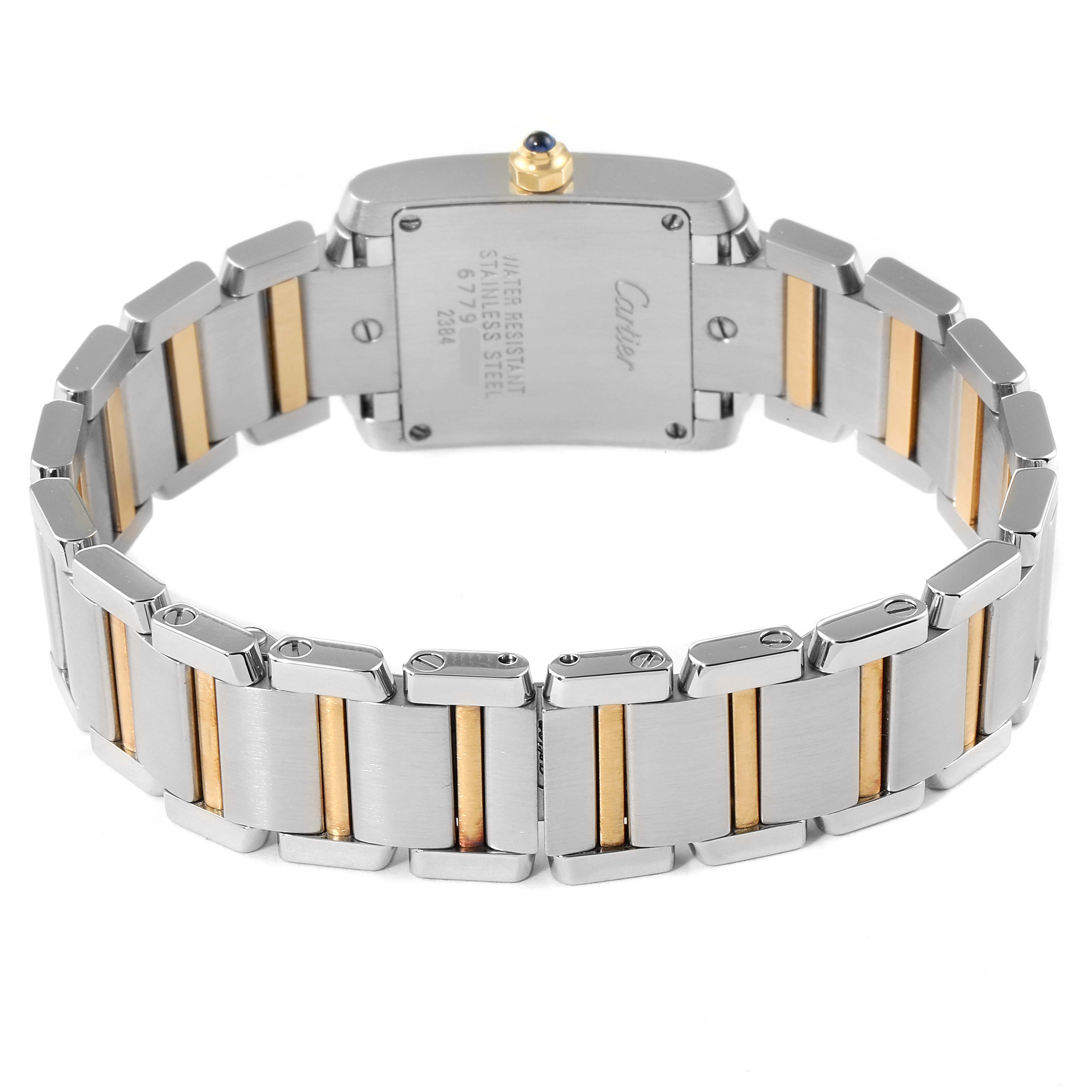 This image shows the back view of a Cartier Tank Francaise W51007Q4 Women's Steel and Gold (two tone) Silver Dial W51007Q4 Women's Steel and Gold (two tone) Silver Dial watch, highlighting its stainless steel and gold bracelet.