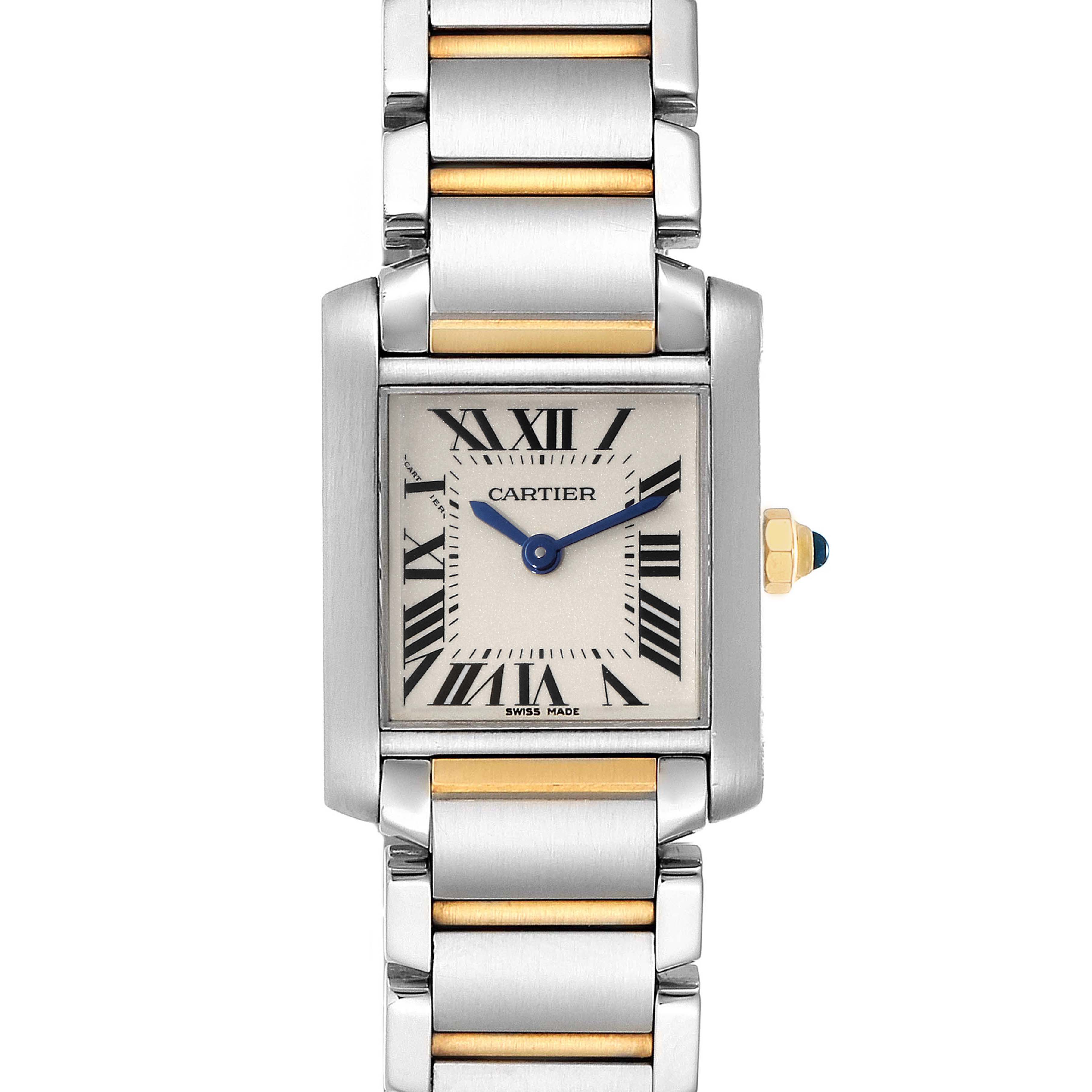 This is a frontal view of the Cartier Tank Francaise W51007Q4 Women's Steel and Gold (two tone) Silver Dial W51007Q4 Women's Steel and Gold (two tone) Silver Dial watch, showcasing the face, bezel, and part of the bracelet.