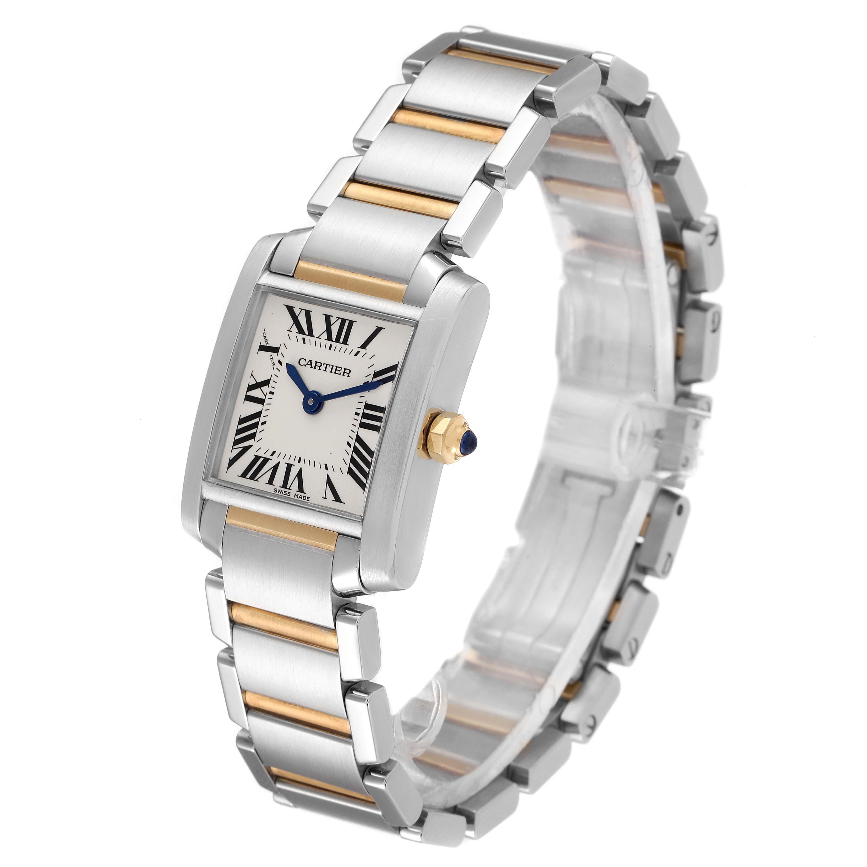 The image shows a side angle of the Cartier Tank Francaise W51007Q4 Women's Steel and Gold (two tone) Silver Dial W51007Q4 Women's Steel and Gold (two tone) Silver Dial watch, focusing on the face, bezel, and two-tone bracelet.
