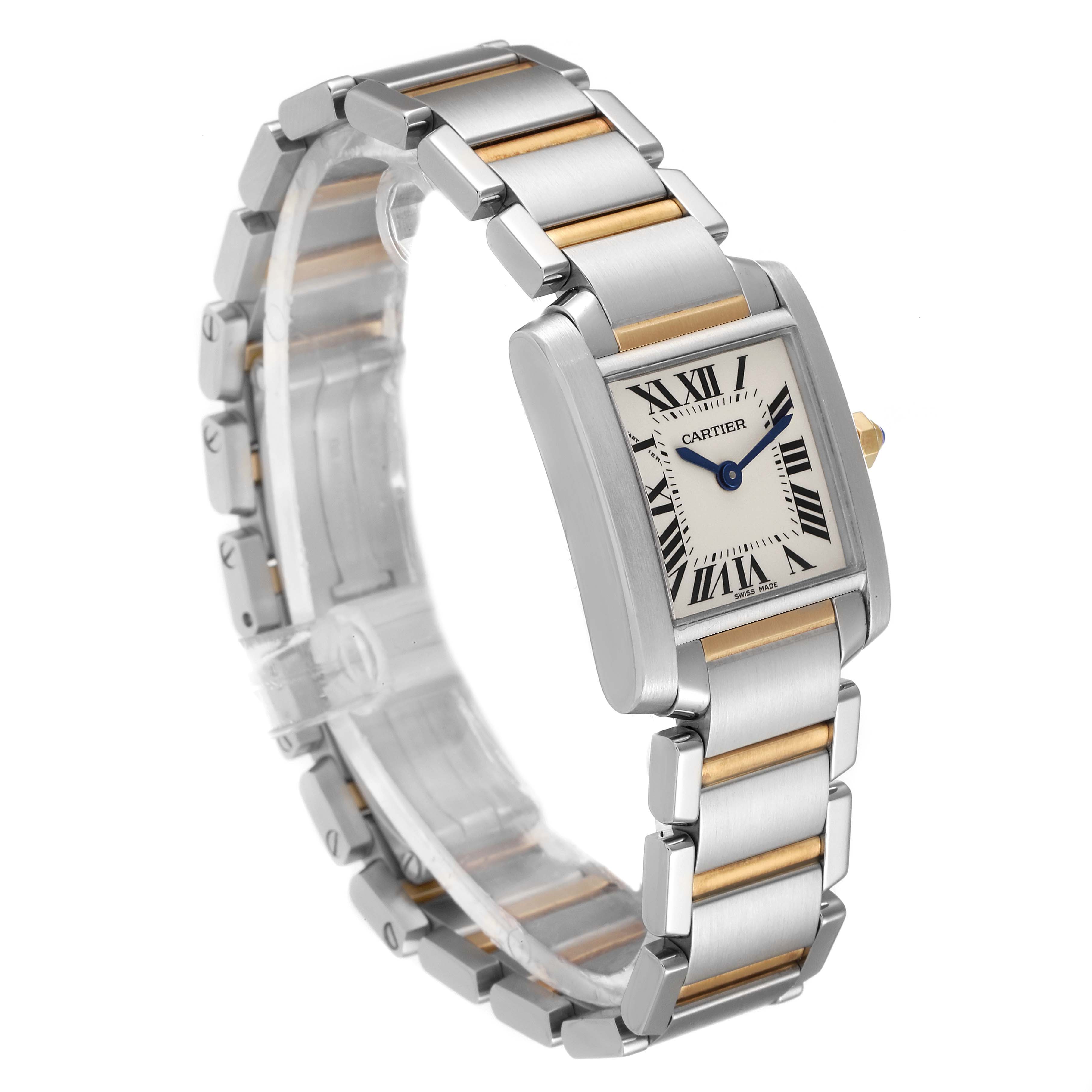 This image showcases a Cartier Tank Francaise W51007Q4 Women's Steel and Gold (two tone) Silver Dial W51007Q4 Women's Steel and Gold (two tone) Silver Dial watch at an angled side view, highlighting its rectangular face and metal bracelet.