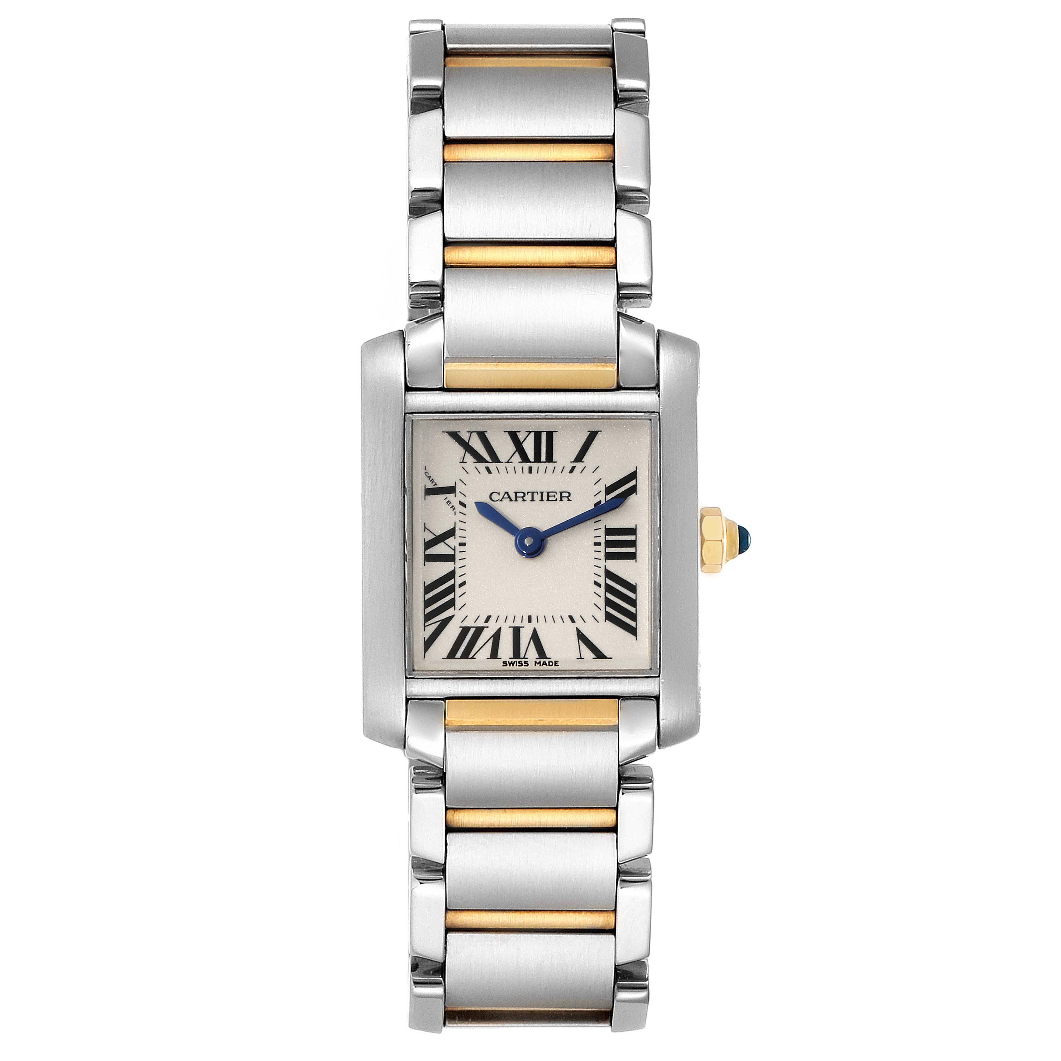 The image shows a Cartier Tank Française watch from a front angle, highlighting the face, roman numerals, hands, crown, and bracelet.