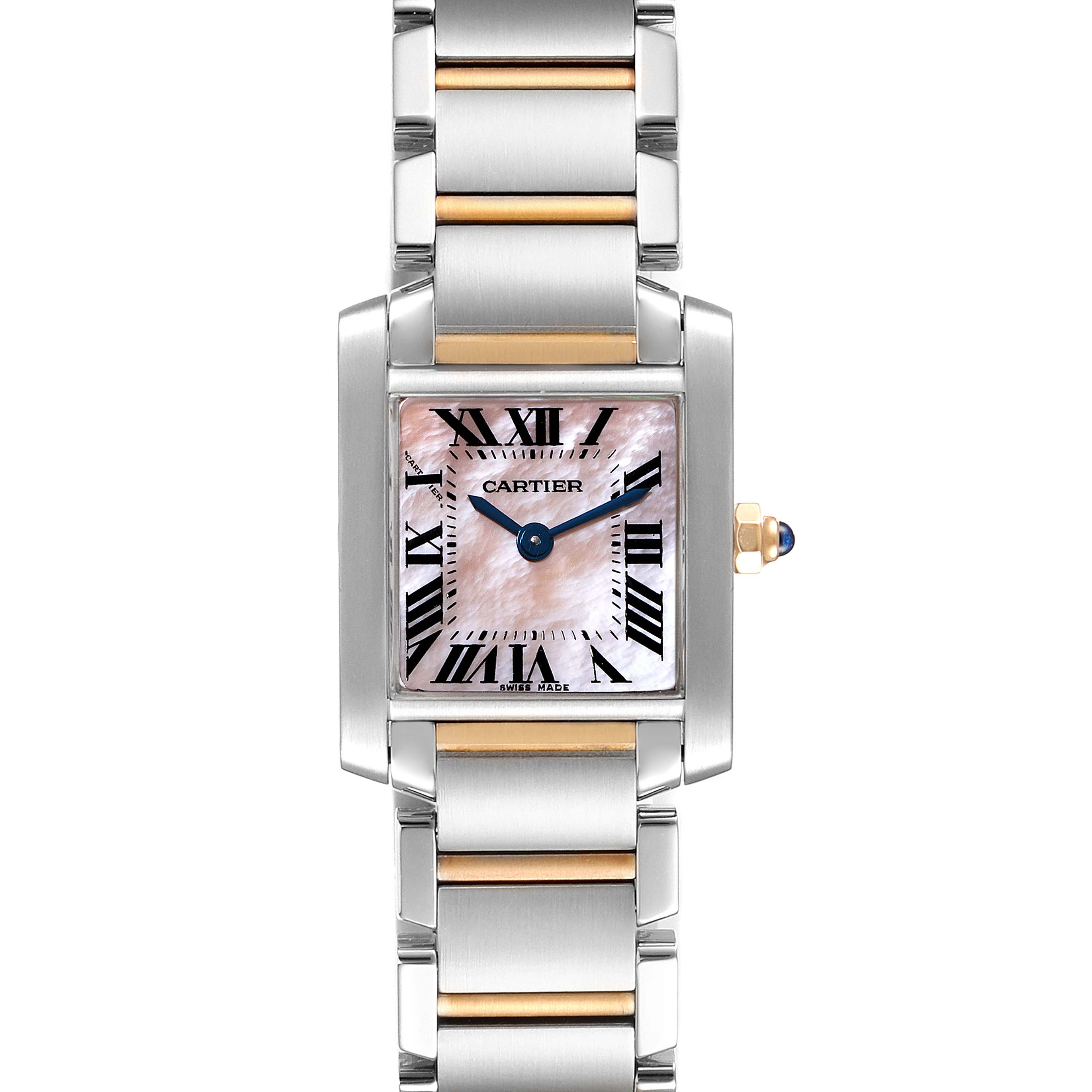 The image shows a full frontal view of the Cartier Tank Francaise W51027Q4 Women's Steel and Gold (two tone) Mother of Pearl Dial W51027Q4 Women's Steel and Gold (two tone) Mother of Pearl Dial watch, displaying its face, Roman numerals, and two-tone bracelet.