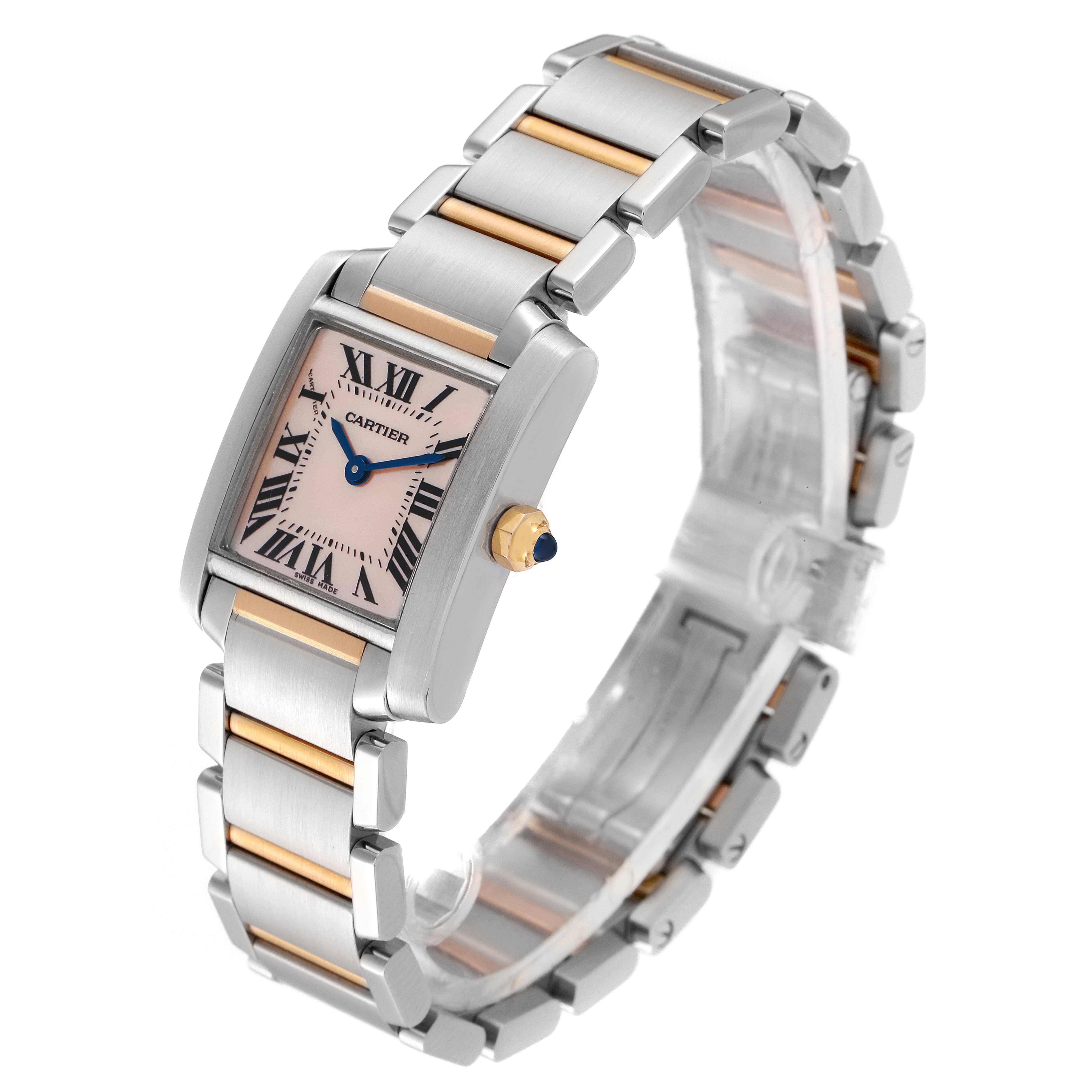 The image shows a Tank Française watch by Cartier displayed at a three-quarter angle, highlighting the dial, case, and bracelet.