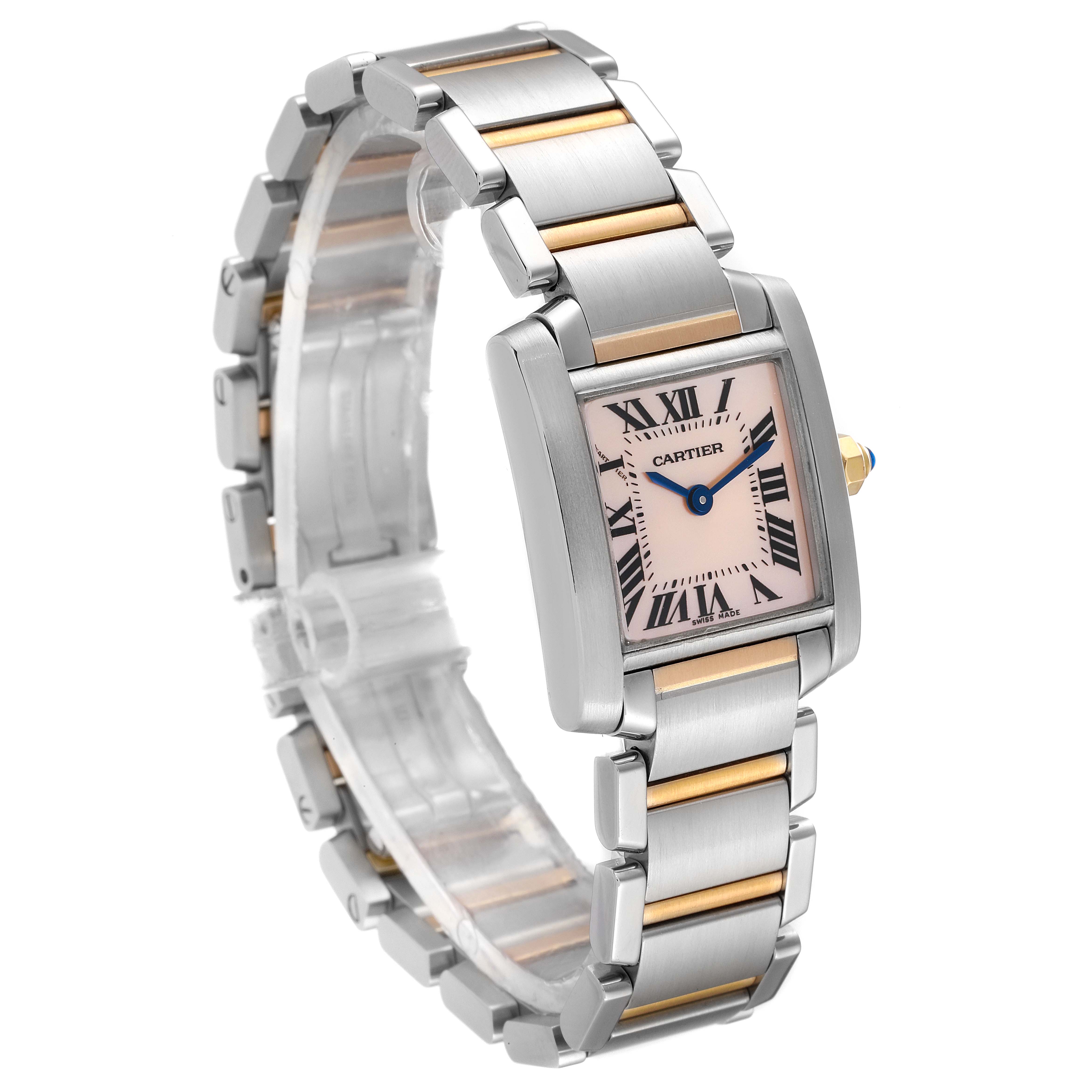 The image shows a Cartier Tank Francaise W51027Q4 Women's Steel and Gold (two tone) Mother of Pearl Dial W51027Q4 Women's Steel and Gold (two tone) Mother of Pearl Dial watch at a three-quarter angle highlighting the face and partially unfastened band.