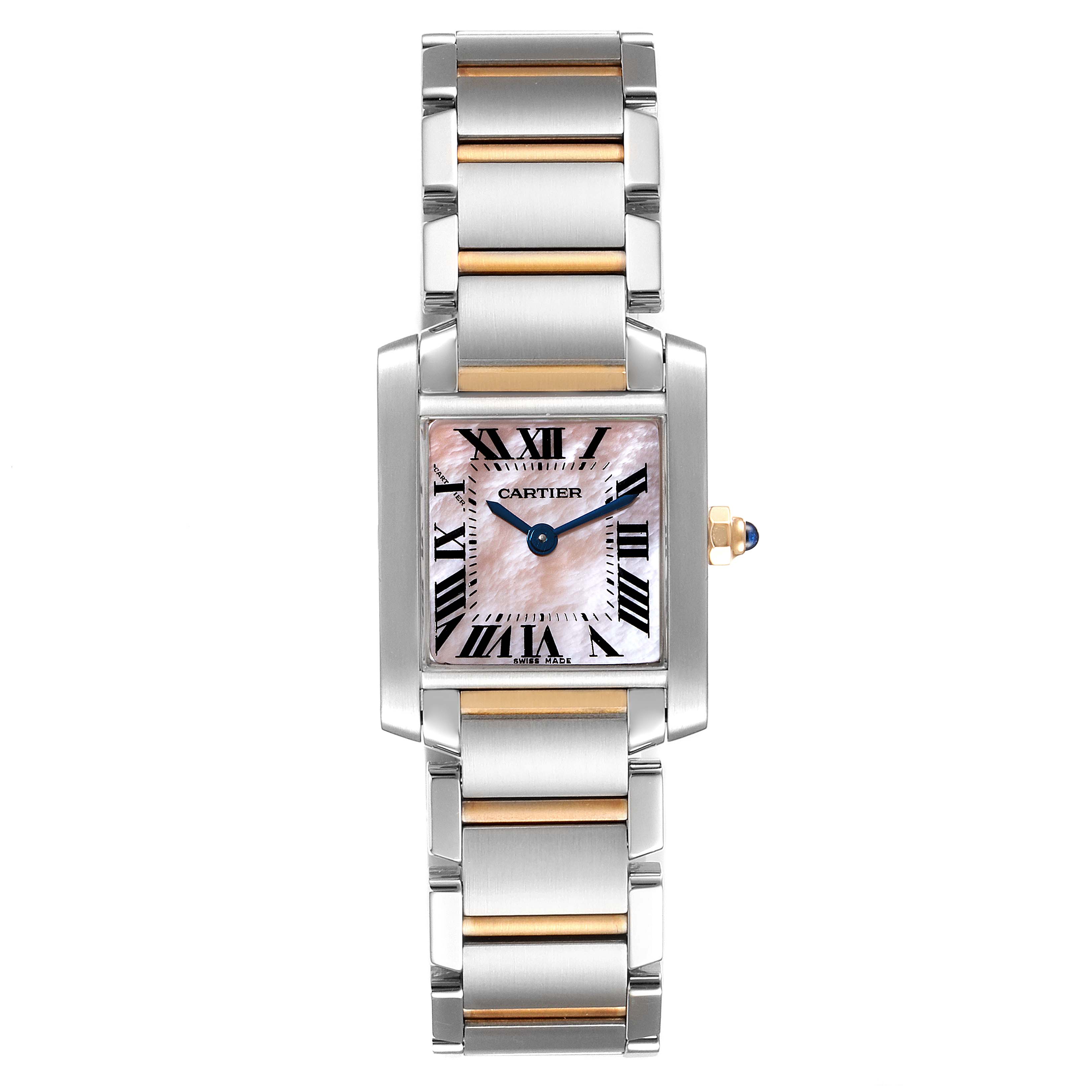The Cartier Tank Francaise W51027Q4 Women's Steel and Gold (two tone) Mother of Pearl Dial W51027Q4 Women's Steel and Gold (two tone) Mother of Pearl Dial watch is shown from the front, displaying the face, bezel, and bracelet.