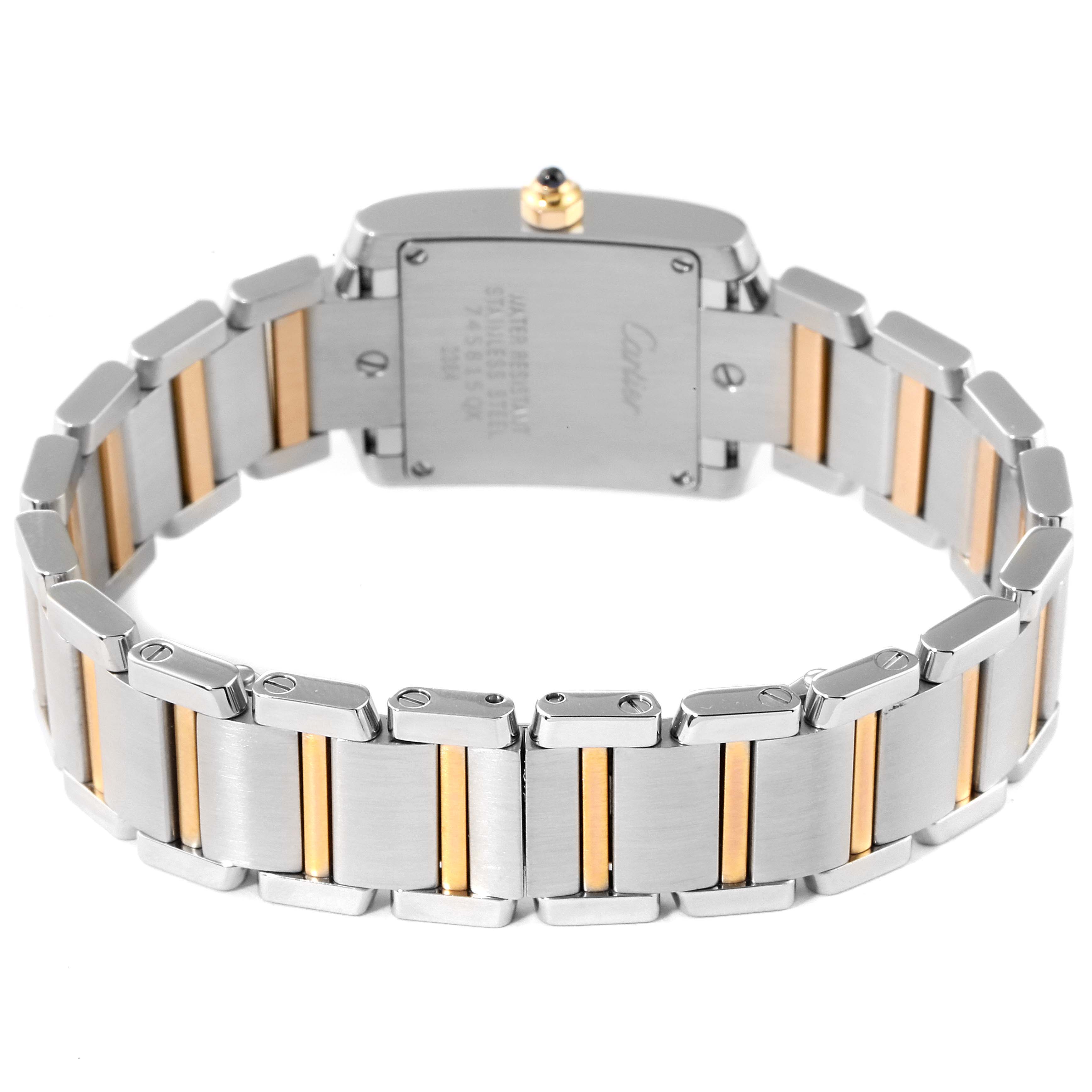 The image shows the back case and bracelet of a Cartier Tank Francaise W51027Q4 Women's Steel and Gold (two tone) Mother of Pearl Dial W51027Q4 Women's Steel and Gold (two tone) Mother of Pearl Dial watch, highlighting its two-tone metal design.