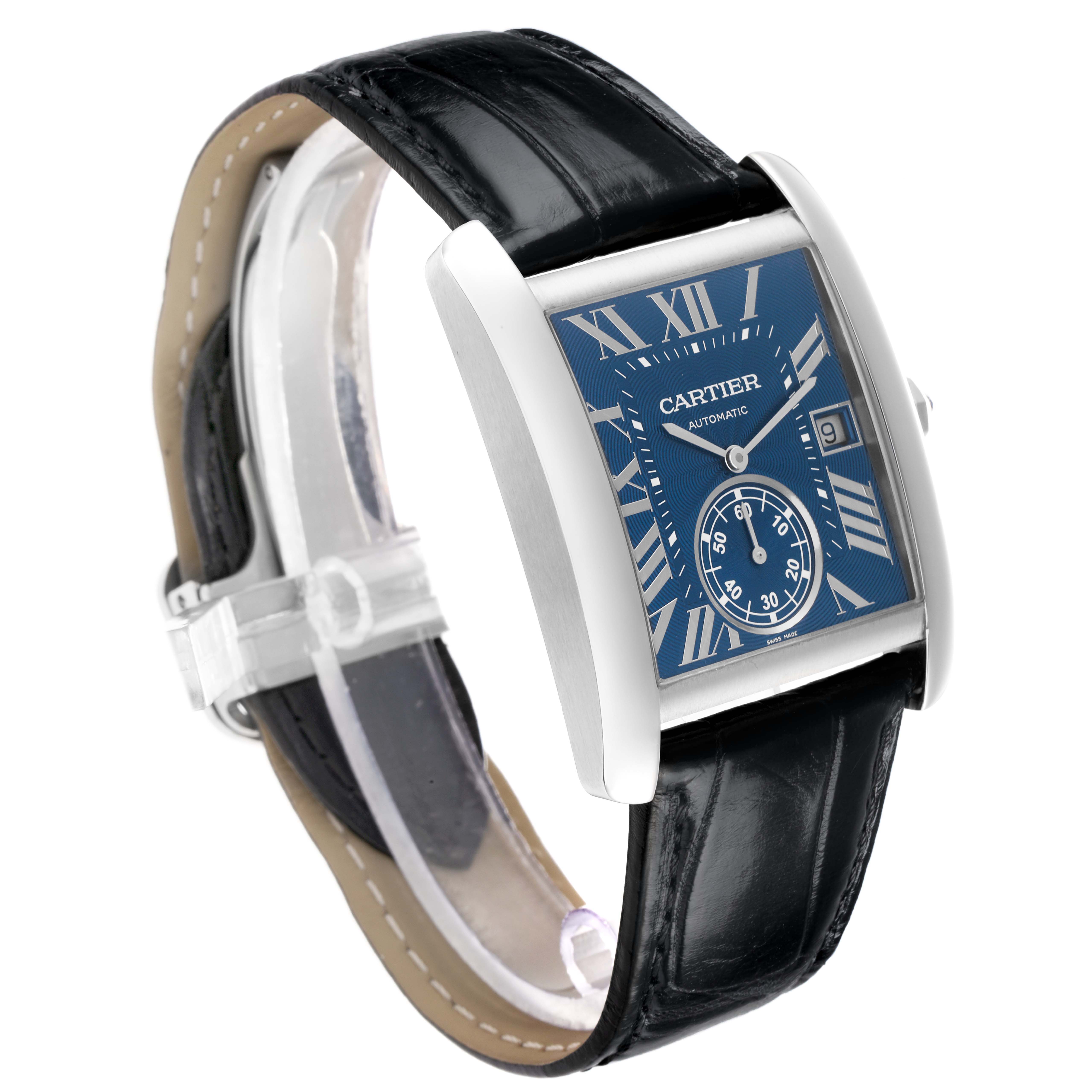 The Cartier Tank MC WSTA0010 Men
s Stainless Steel Blue Dial watch is shown at a slight angle, displaying the face, case, crown, and leather strap.