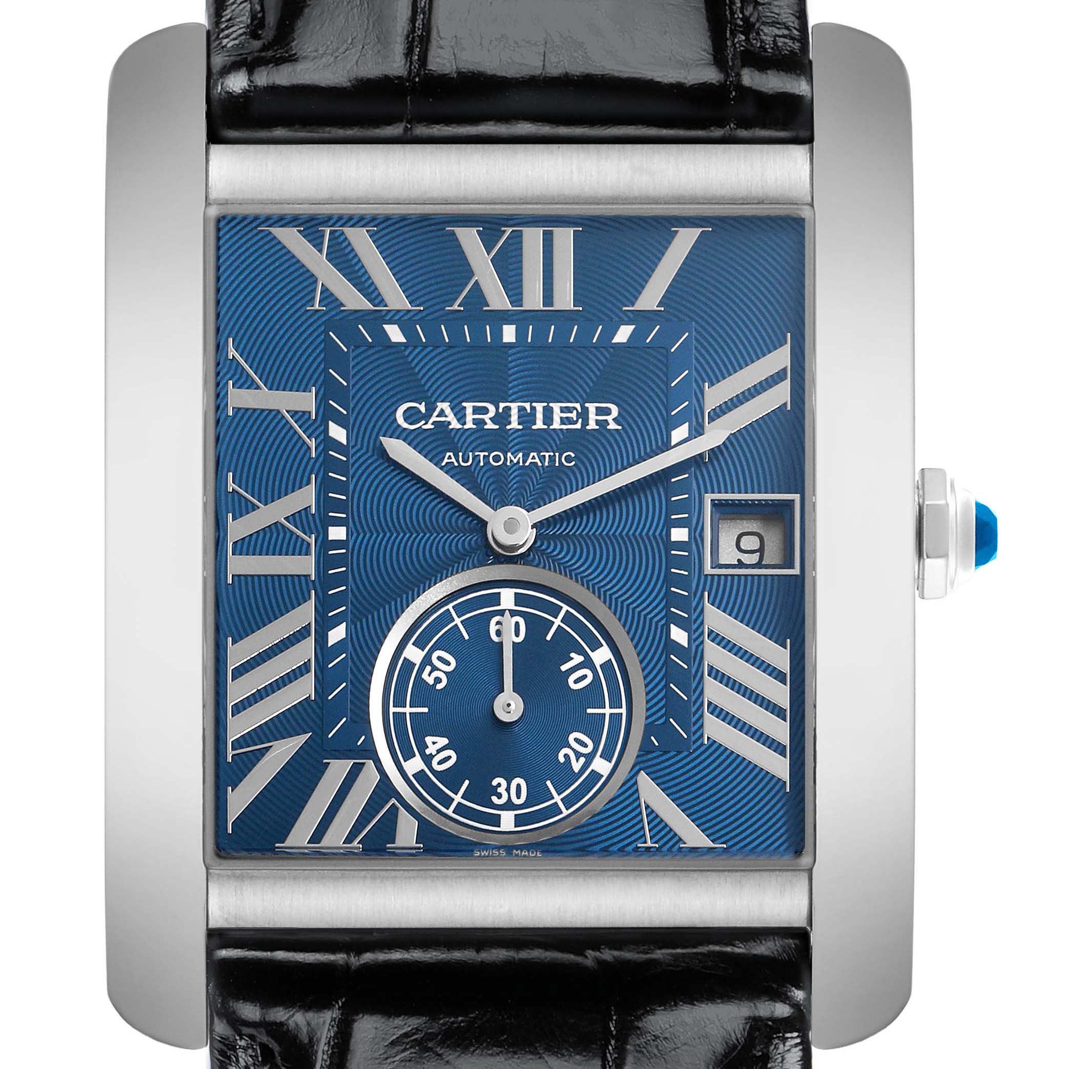 The Cartier Tank MC WSTA0010 Men
s Stainless Steel Blue Dial watch is shown from the front, displaying the blue dial, Roman numerals, and square sub-dial.