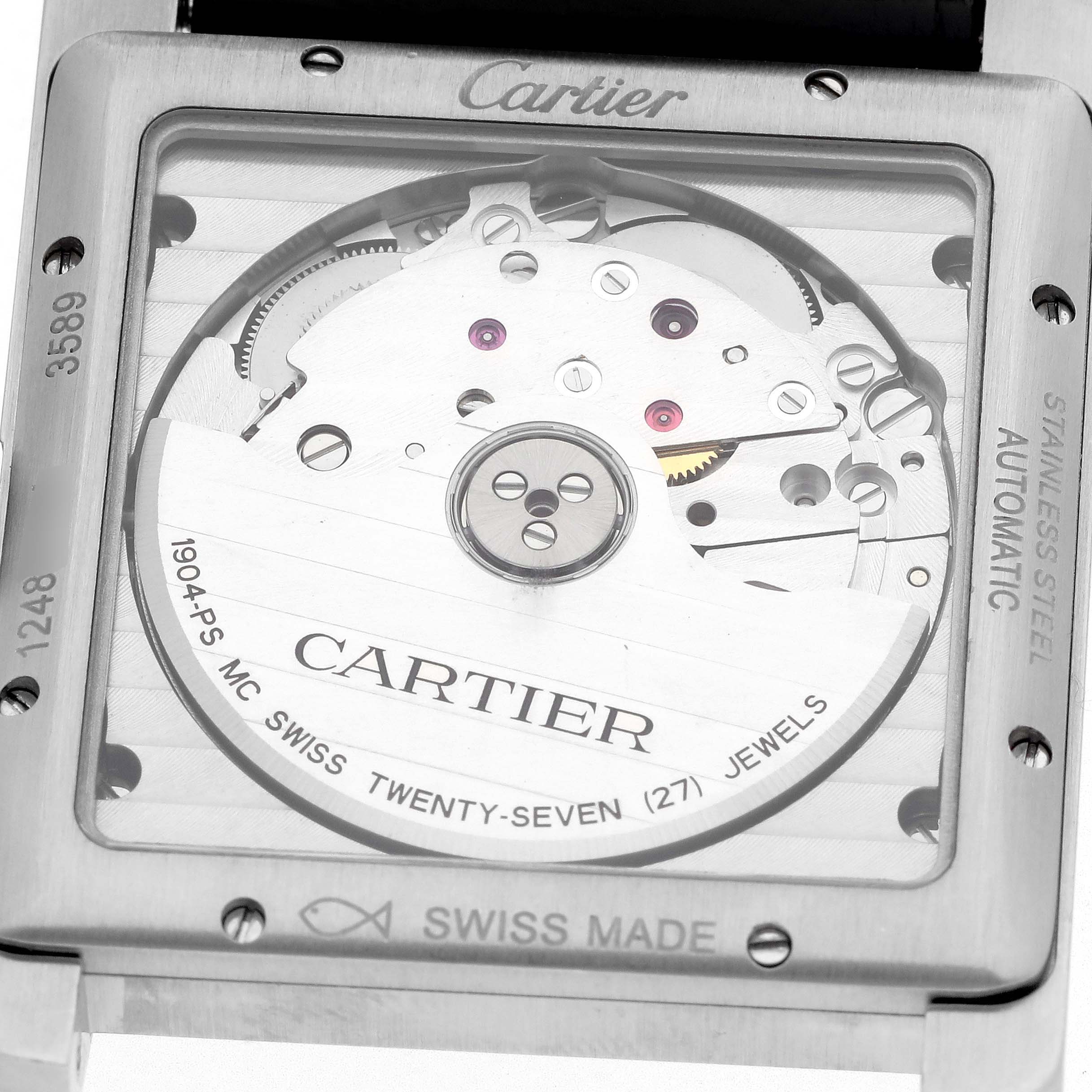 The Cartier Tank MC WSTA0010 Men
s Stainless Steel Blue Dial watch is shown from the back, highlighting its automatic movement and detailed inner mechanics.