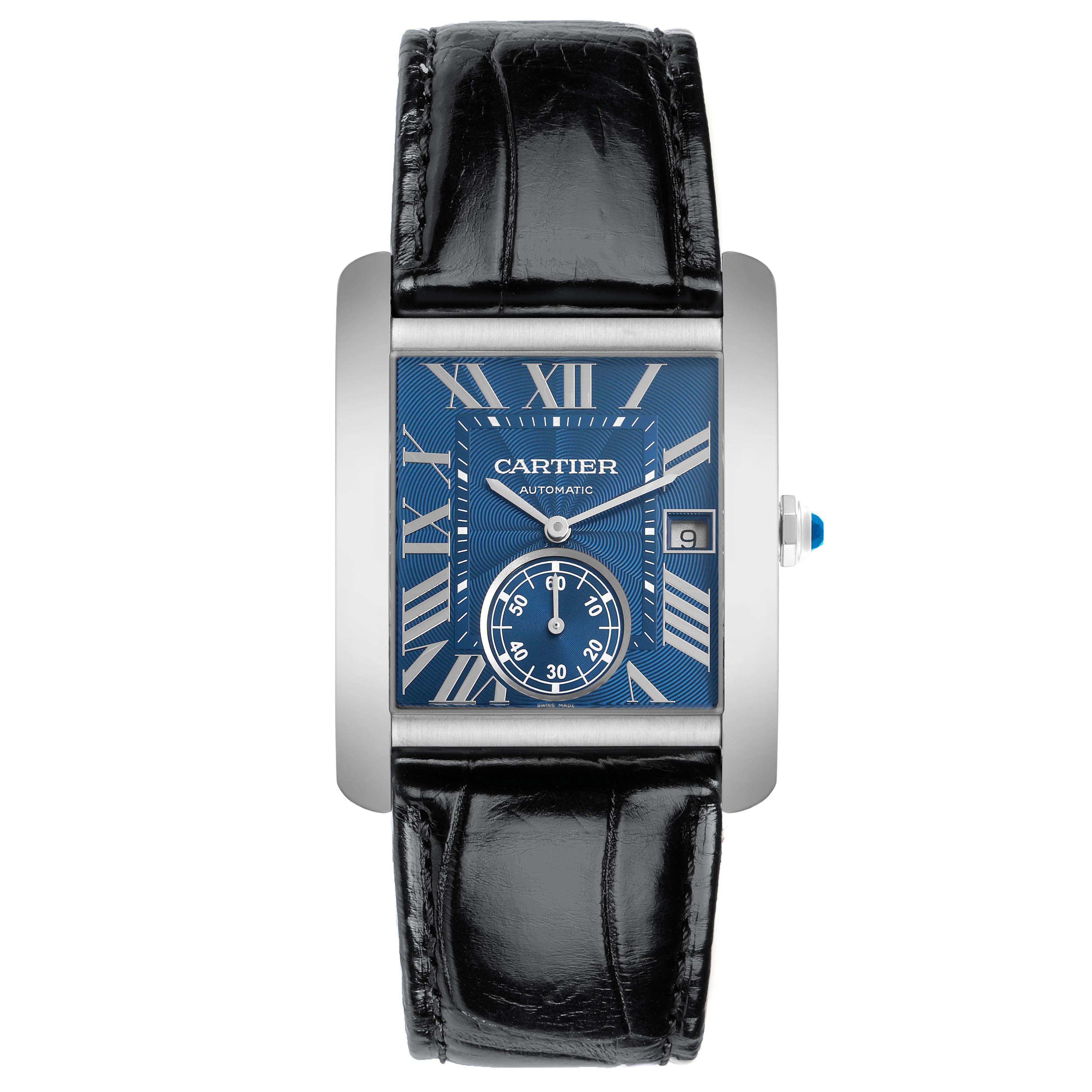 The Cartier Tank MC WSTA0010 Men
s Stainless Steel Blue Dial watch is shown front-facing, displaying its blue dial, Roman numerals, sub-dial, date window, and black leather strap.