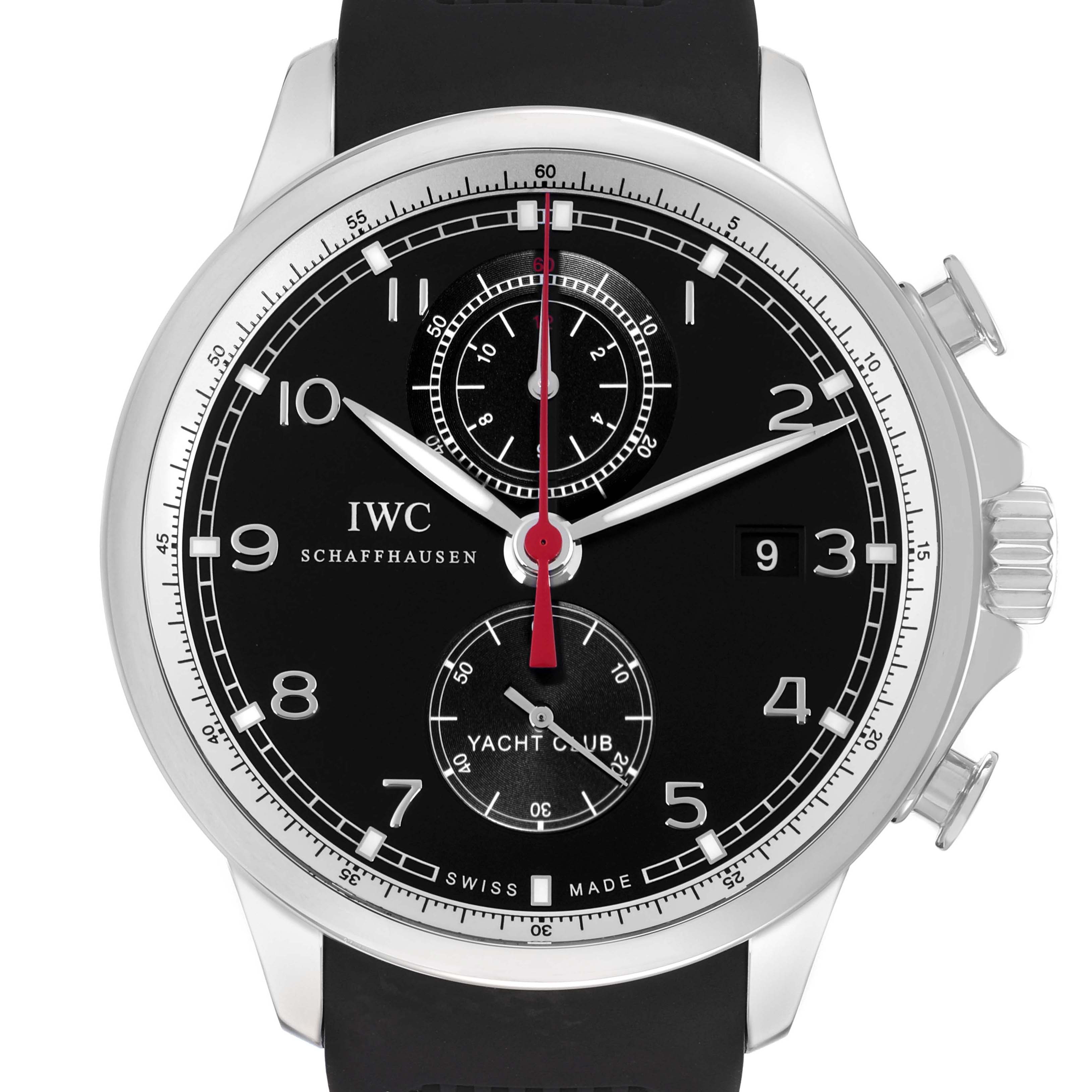 The IWC Portuguese IW390212 Men
s Titanium Black Dial Yacht Club watch is shown from a top-down angle, highlighting its black dial, chronograph features, and date window.