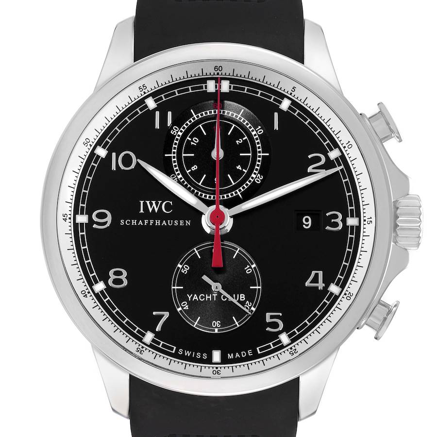 The IWC Portuguese IW390212 men's watch is shown from a front angle, highlighting the black dial, subdials, date window, and stainless steel case.